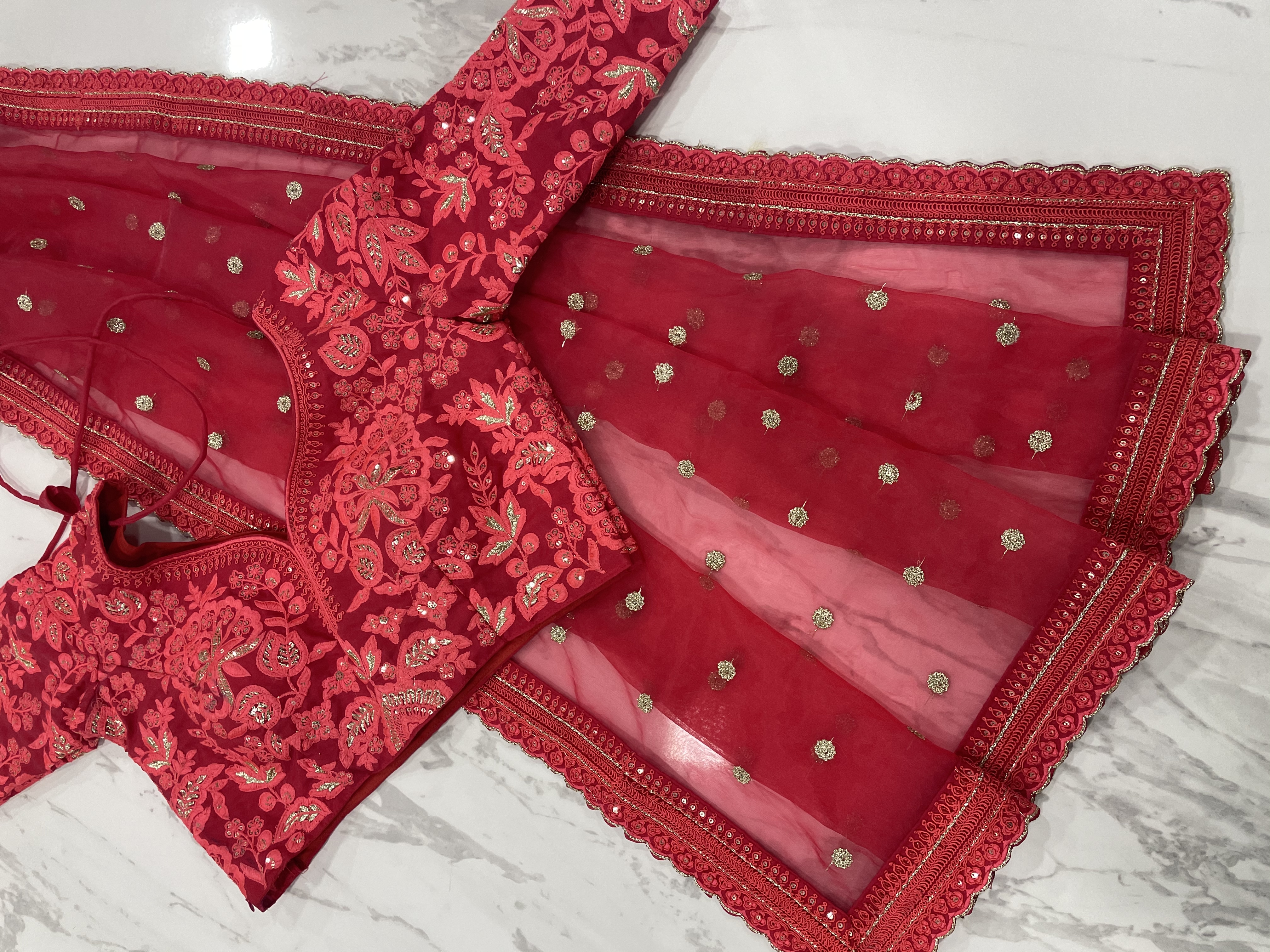 Designer Indian Organza Silk Saree - Red With Embroidered Blouse, Zari Work And Sequins Closure For Party Wear