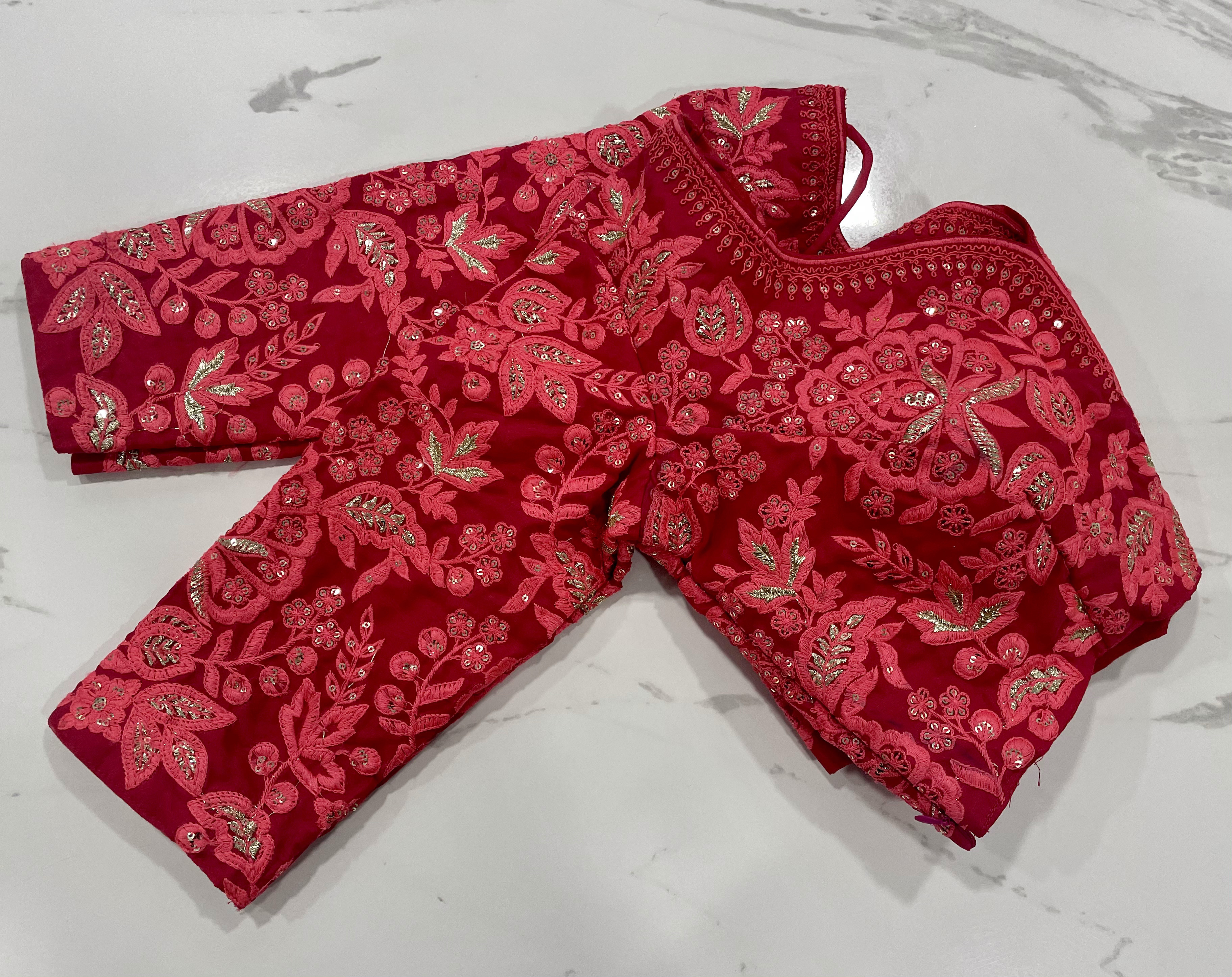 Designer Indian Organza Silk Saree - Red With Embroidered Blouse, Zari Work And Sequins Closure For Party Wear