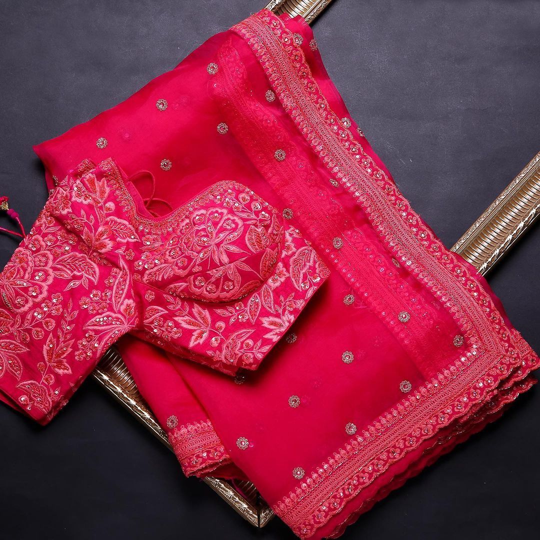 Designer Indian Organza Silk Saree - Red With Embroidered Blouse, Zari Work And Sequins Closure For Party Wear