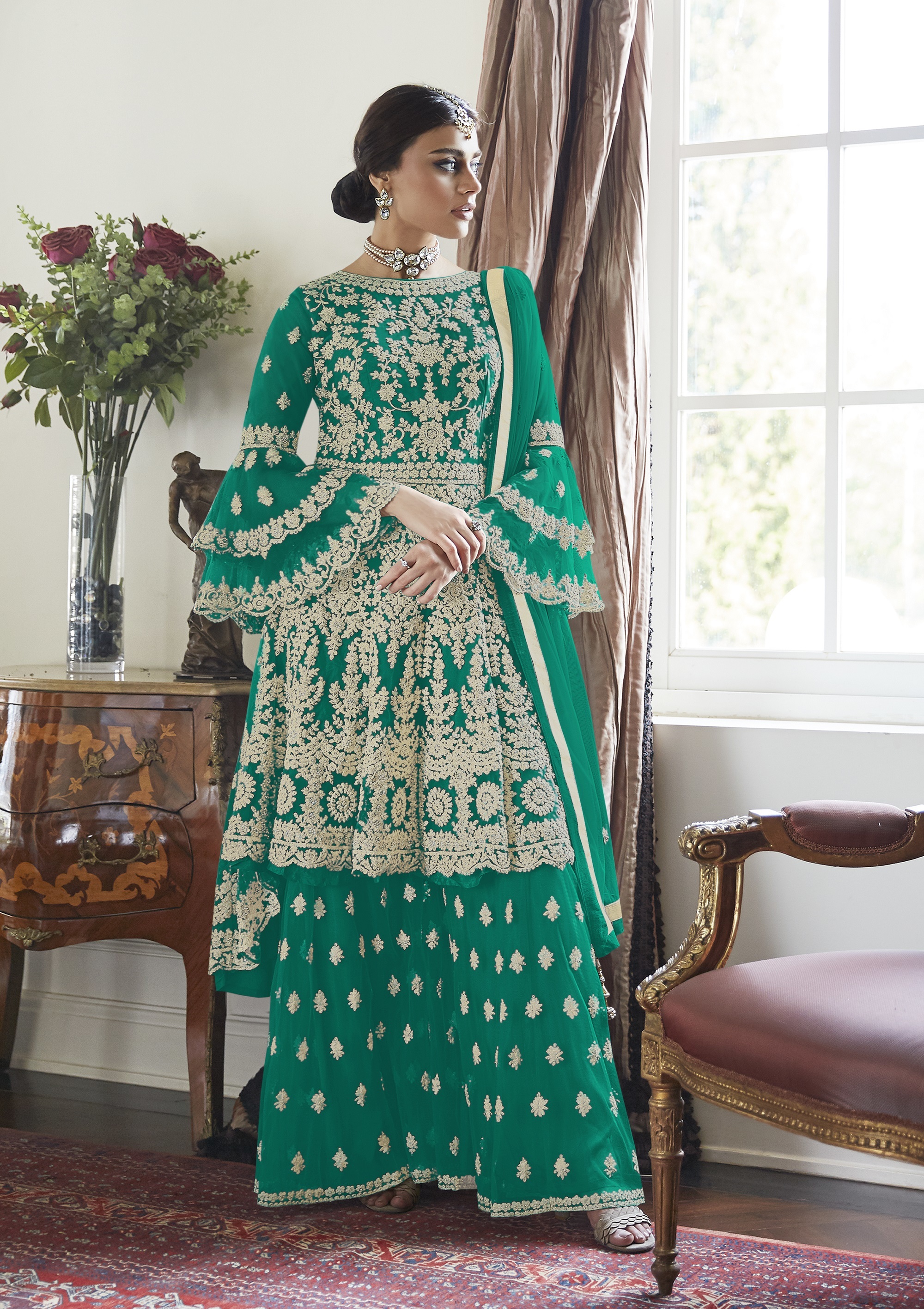 Anarkali Style Round Flair Sharara Lehenga Suit - Embroidered Full Sleeves, Butterfly Net Salwar Kameez Dress With Dupatta