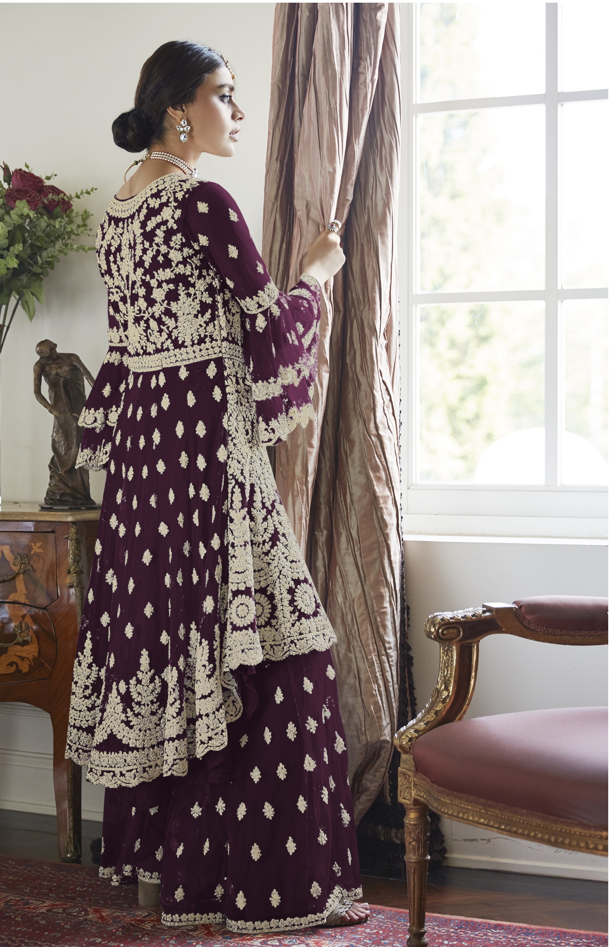 Anarkali Style Round Flair Sharara Lehenga Suit - Embroidered Full Sleeves, Butterfly Net Salwar Kameez Dress With Dupatta