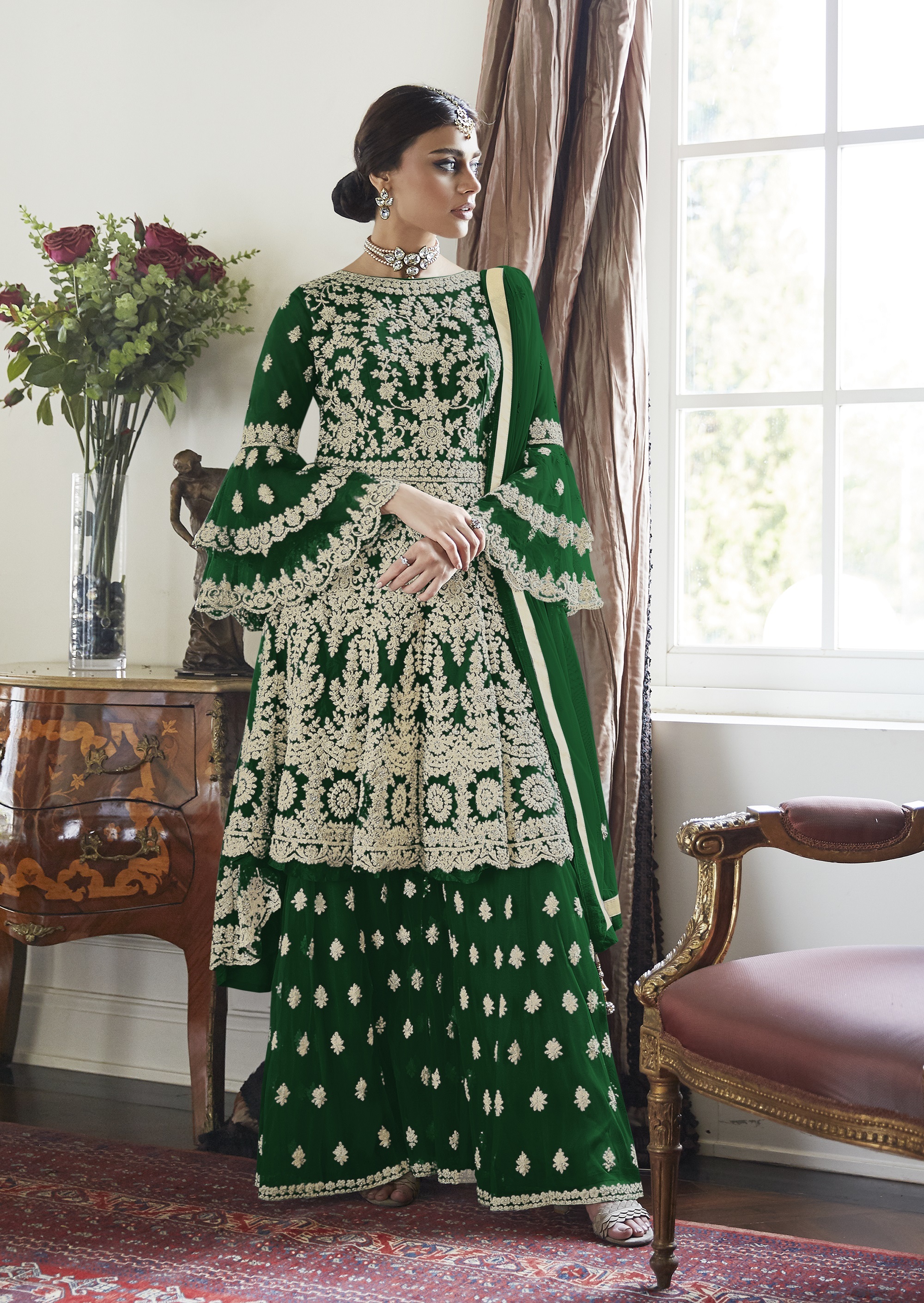 Anarkali Style Round Flair Sharara Lehenga Suit - Embroidered Full Sleeves, Butterfly Net Salwar Kameez Dress With Dupatta