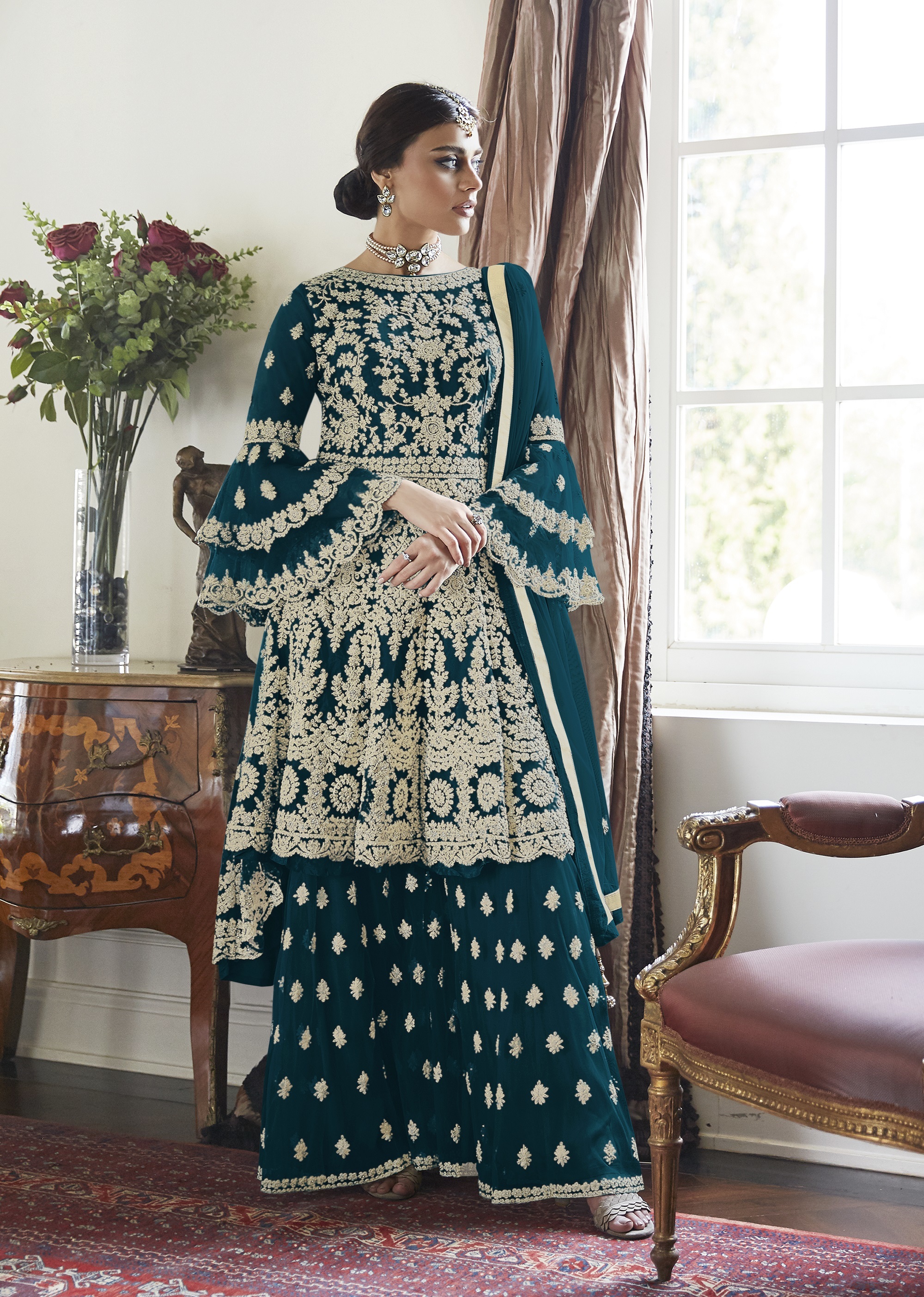 Anarkali Style Round Flair Sharara Lehenga Suit - Embroidered Full Sleeves, Butterfly Net Salwar Kameez Dress With Dupatta