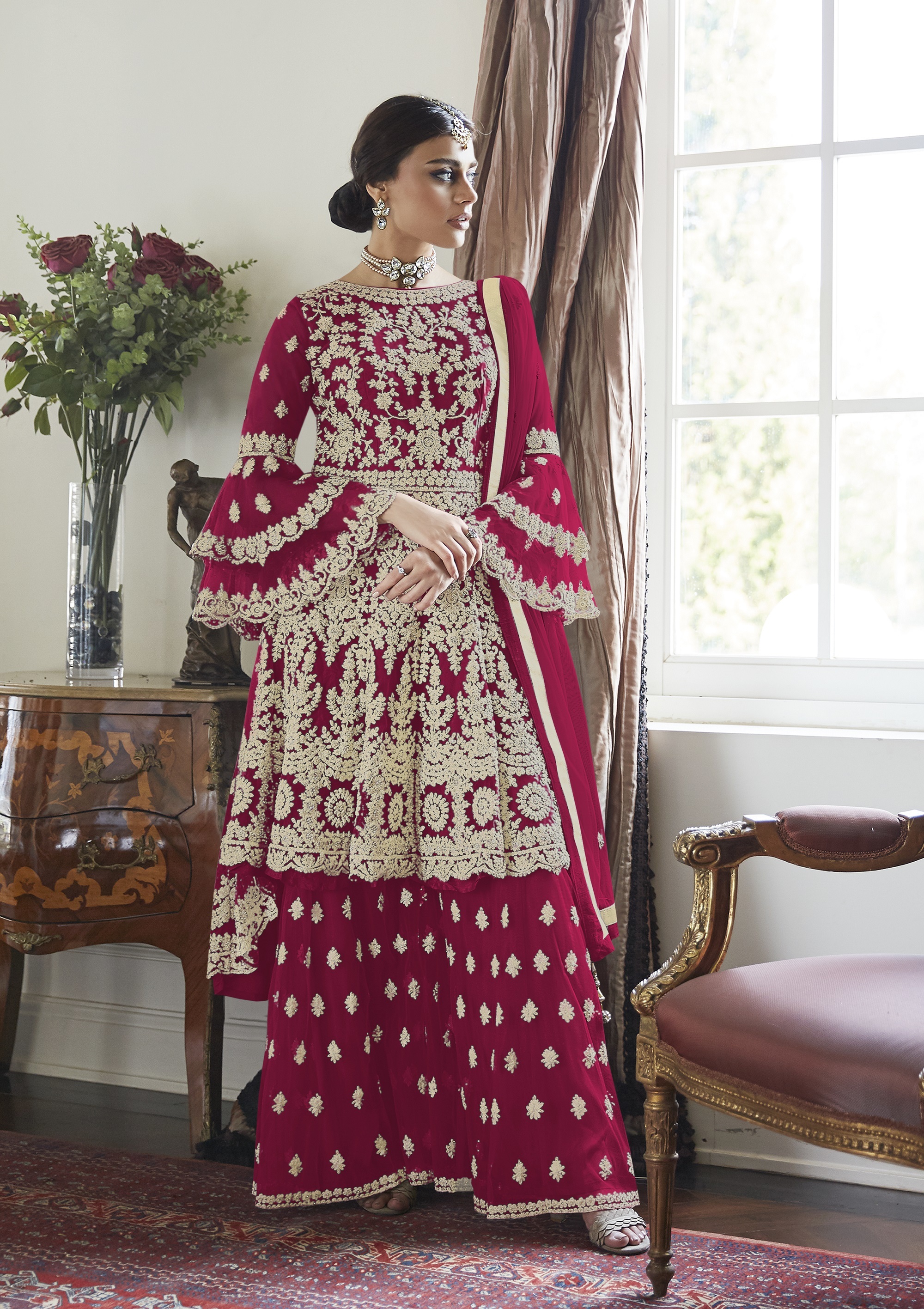 Anarkali Style Round Flair Sharara Lehenga Suit - Embroidered Full Sleeves, Butterfly Net Salwar Kameez Dress With Dupatta