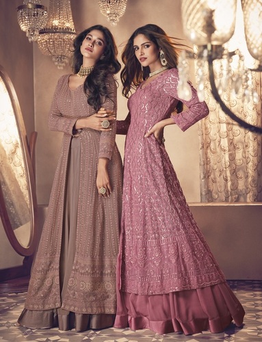 Sabyasachi Designer Salwar Kameez - Georgette Anarkali Dress, Full Sleeves with Embroidered Detailing