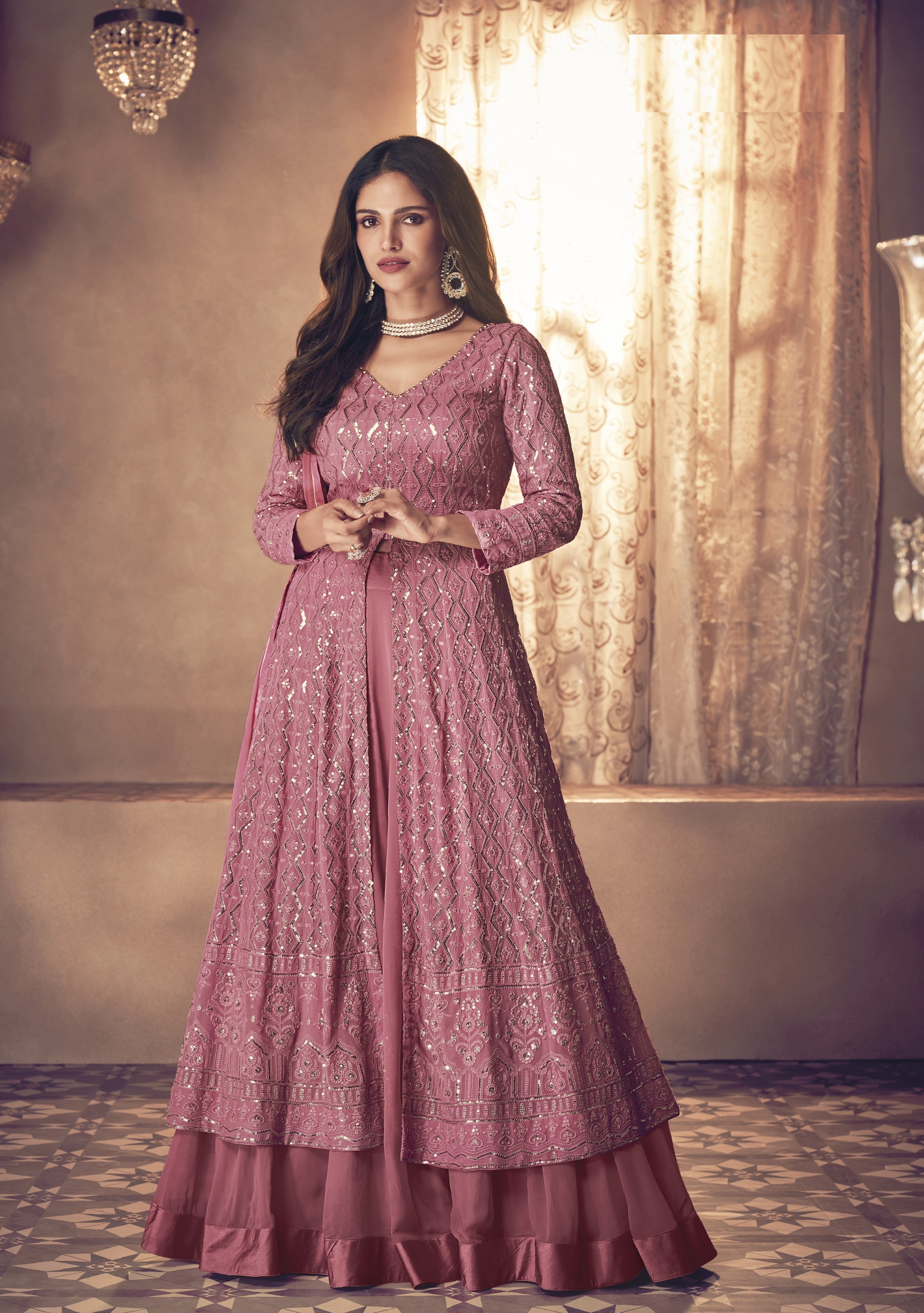 Sabyasachi Designer Salwar Kameez - Georgette Anarkali Dress, Full Sleeves With Embroidered Detailing