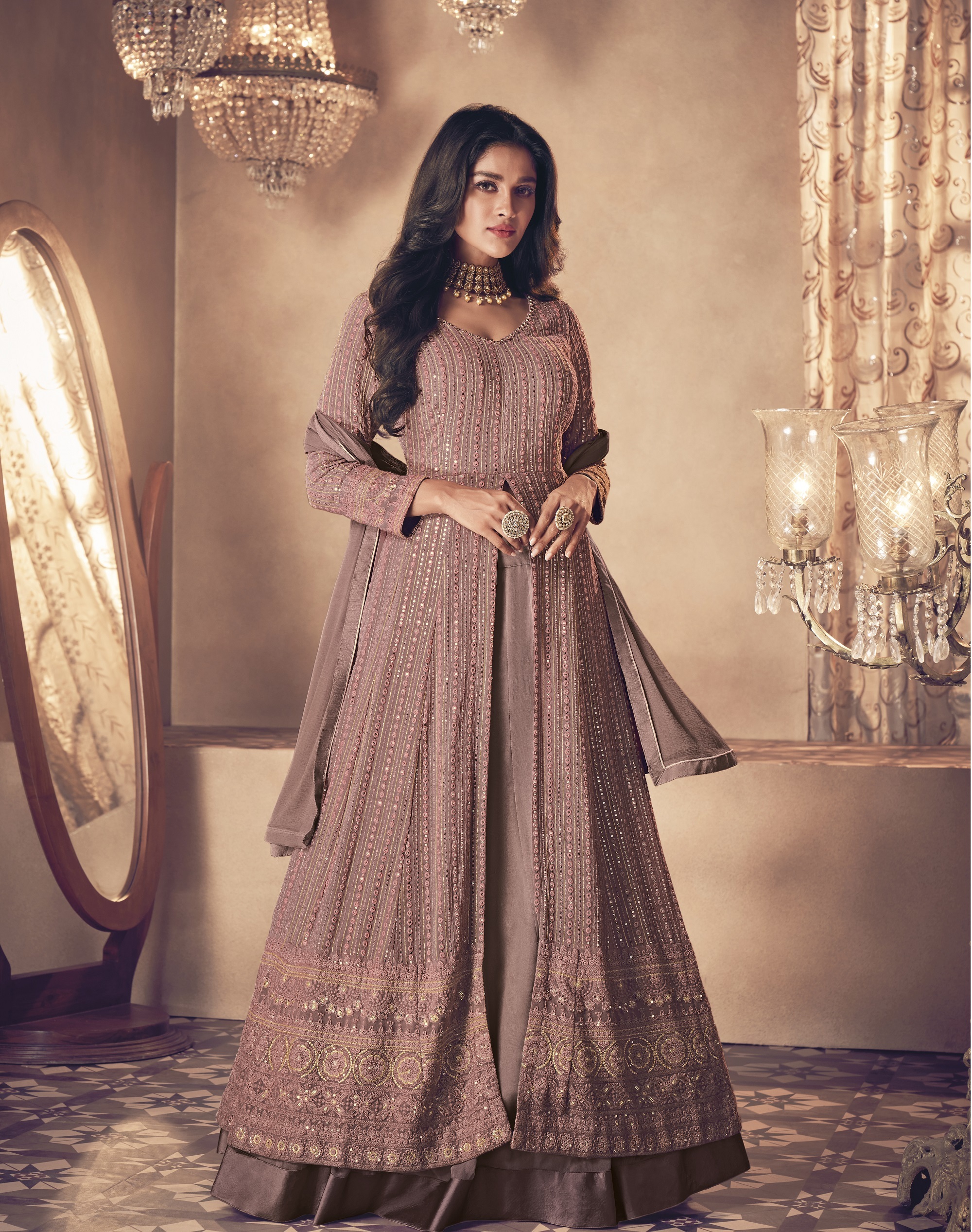Sabyasachi Designer Salwar Kameez - Georgette Anarkali Dress, Full Sleeves With Embroidered Detailing