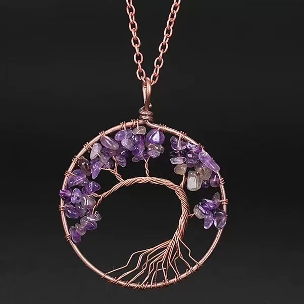 7 Chakra Tree Of Life Pendulum Necklace - 50mm Bronze Round Pendant, Natural Quartz Crystal, Unisex Jewelry For Spiritual Connection