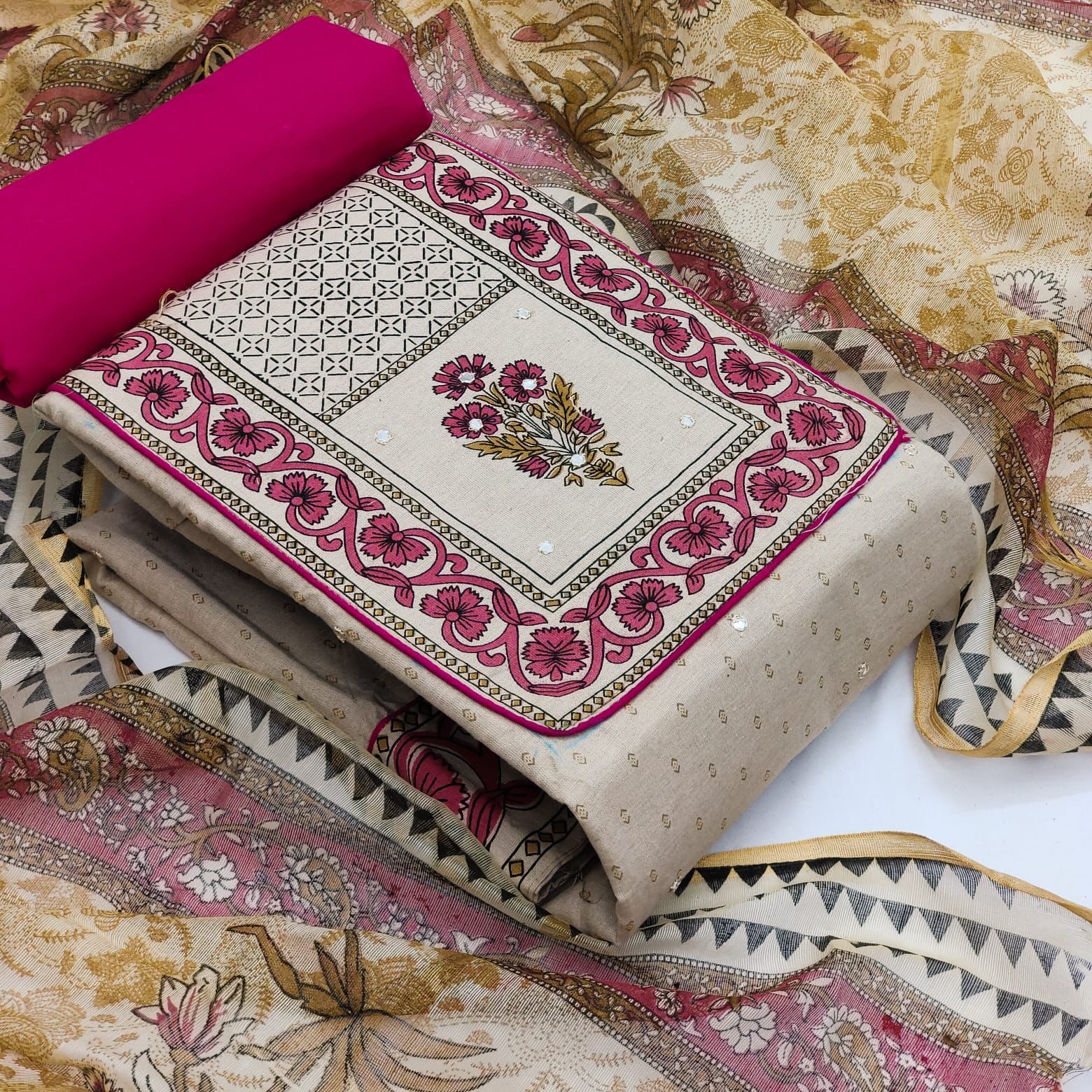 New Suit - Unstitched Cotton Top With Print & Mirror (1.90 Mtr), Cotton Inner (1.6 Mtr), Cotton Bottom (2 Mtr), Chanderi Dupatta (2.10 Mtr) , Breathable & Washable