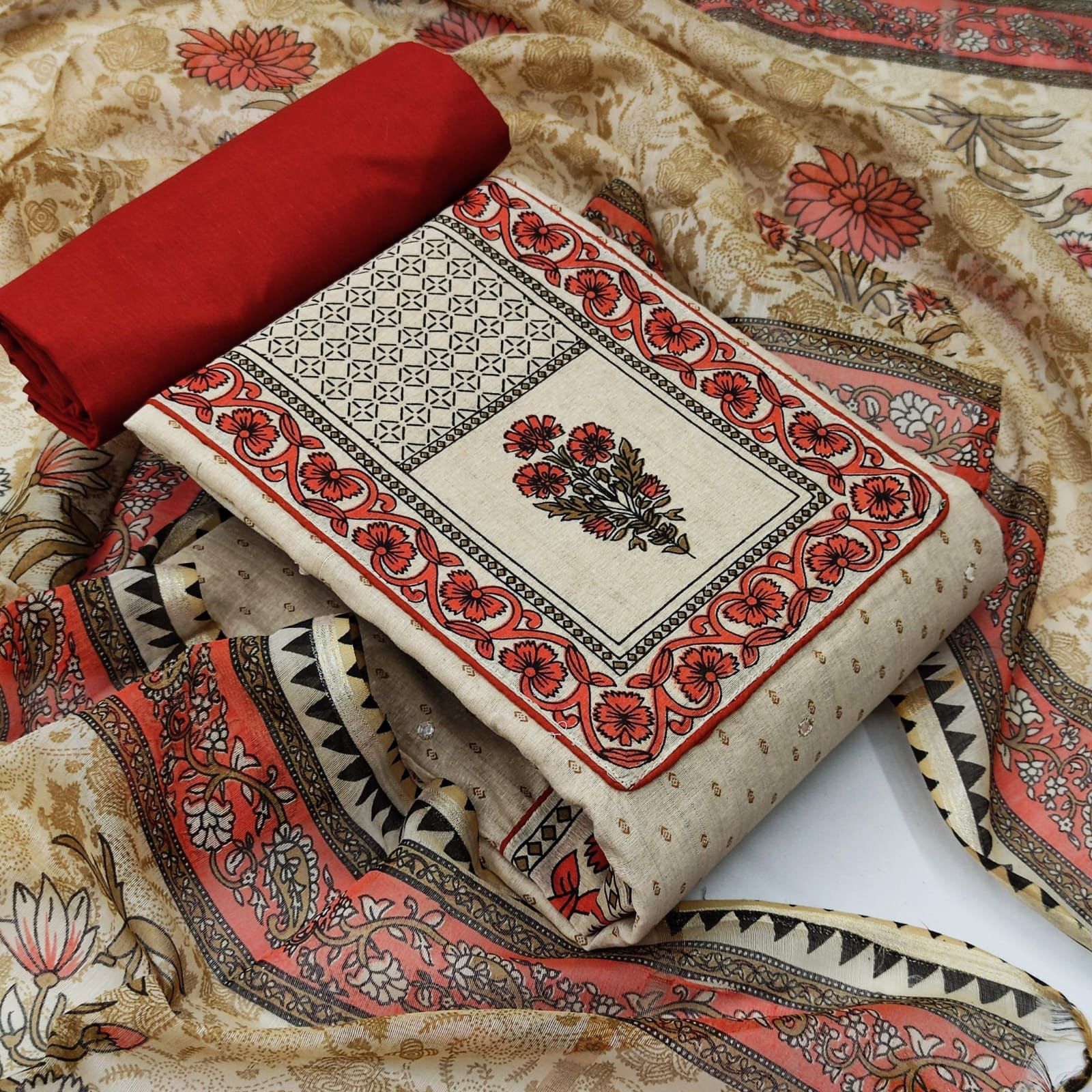 New Suit - Unstitched Cotton Top With Print & Mirror (1.90 Mtr), Cotton Inner (1.6 Mtr), Cotton Bottom (2 Mtr), Chanderi Dupatta (2.10 Mtr) , Breathable & Washable