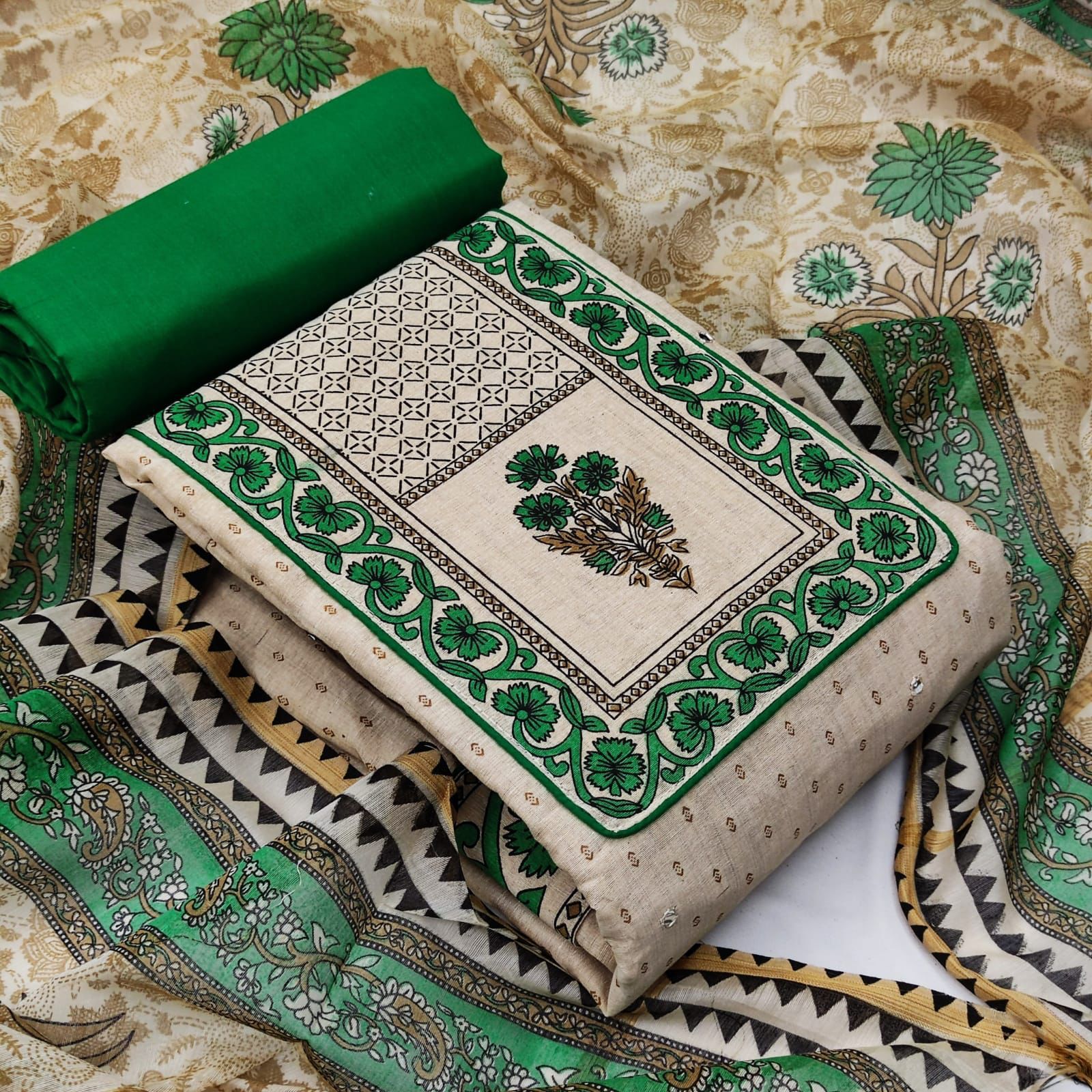 New Suit - Unstitched Cotton Top With Print & Mirror (1.90 Mtr), Cotton Inner (1.6 Mtr), Cotton Bottom (2 Mtr), Chanderi Dupatta (2.10 Mtr) , Breathable & Washable
