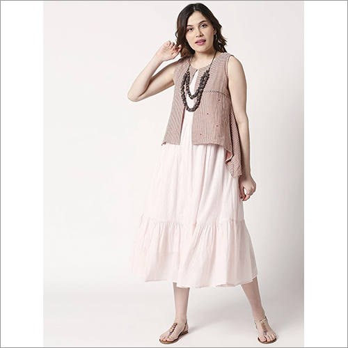 Washable Ladies Elegant Dress With Brown Striped Jacket