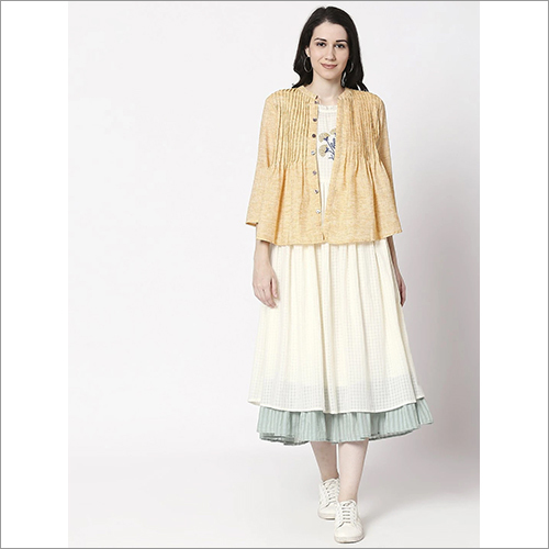 Washable Vintage Yellow Pleated Jacket With Classic Offwhite Dress