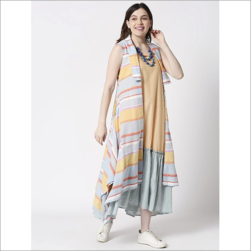 Washable Ladies Vintage Colour Blocked Frilled Dress