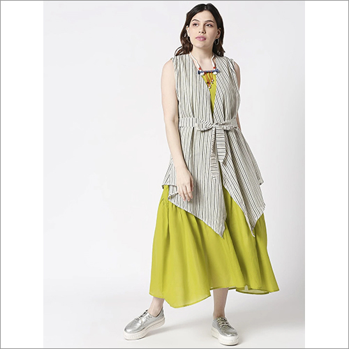 All Season Ladies Elegant Dress With Striped Jacket