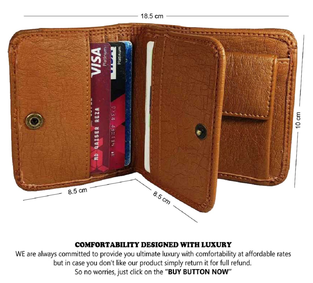 Mens Wallet Pu Leather Tan Bi-fold Gents Purse - 10 X 9.5 X 1 Inches | 2 Cash Compartments, 2 Slip Compartments, 9 Card Slots, 1 Transparent Slot, Snap Button Lock