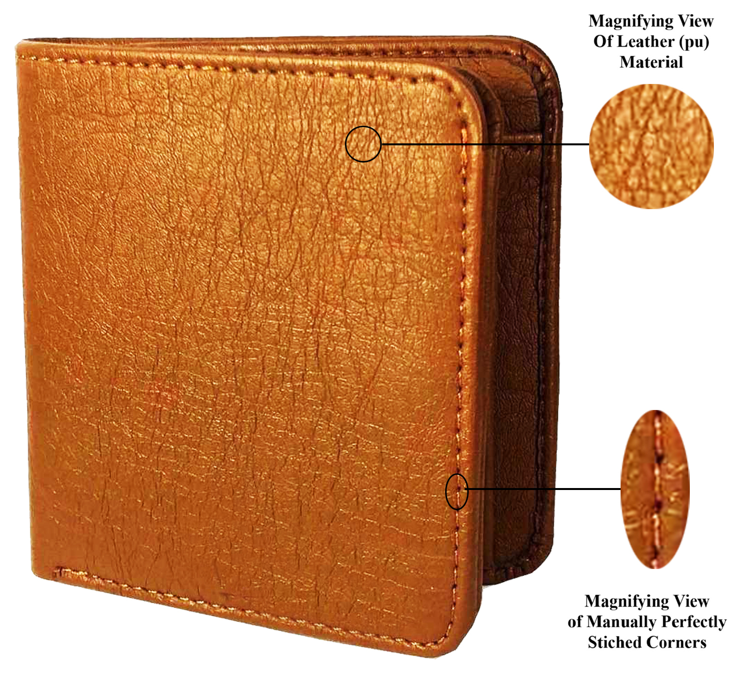 Mens Wallet Pu Leather Tan Bi-fold Gents Purse - 10 X 9.5 X 1 Inches | 2 Cash Compartments, 2 Slip Compartments, 9 Card Slots, 1 Transparent Slot, Snap Button Lock