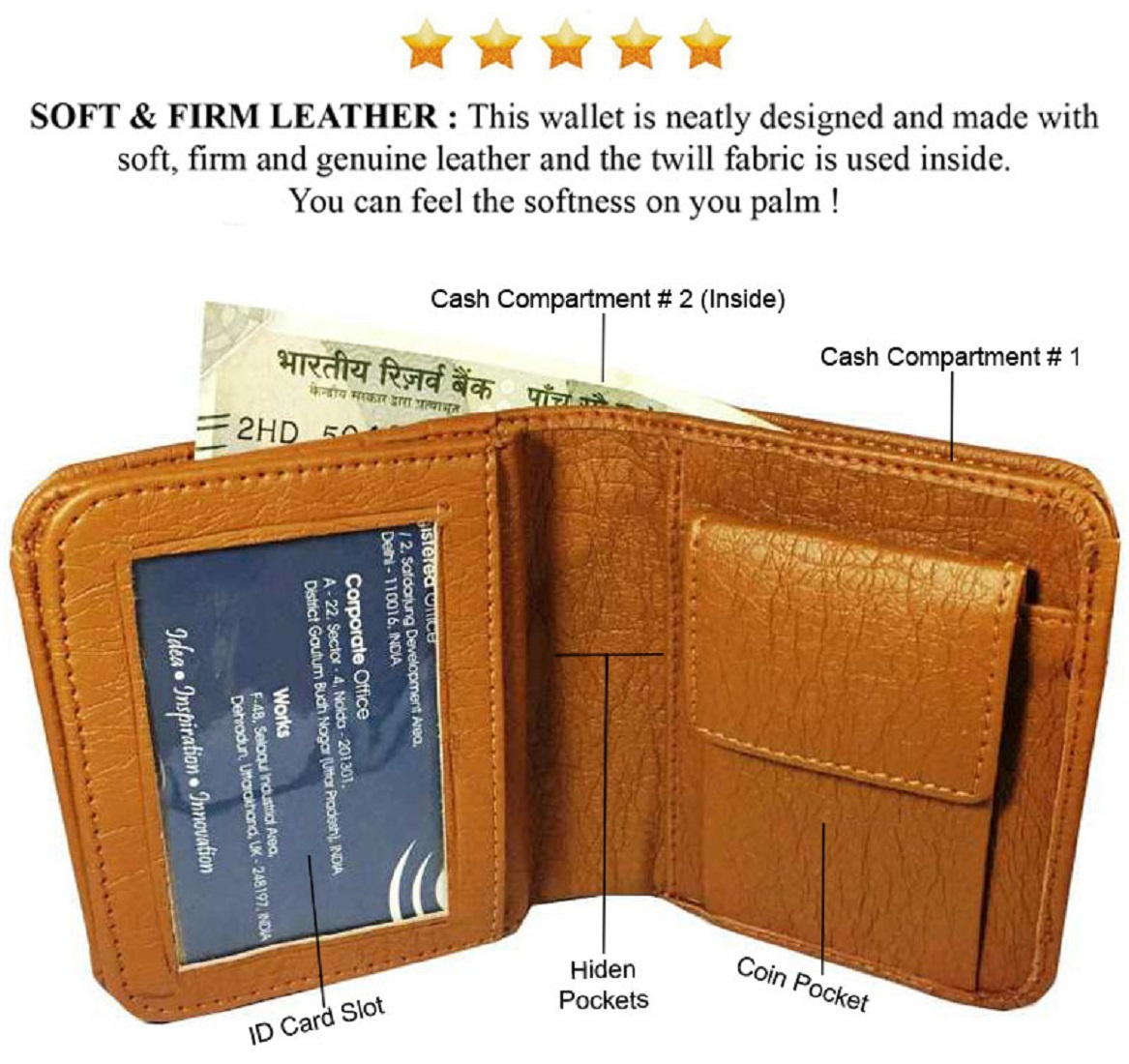 Mens Wallet Pu Leather Tan Bi-fold Gents Purse - 10 X 9.5 X 1 Inches | 2 Cash Compartments, 2 Slip Compartments, 9 Card Slots, 1 Transparent Slot, Snap Button Lock