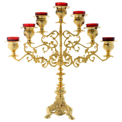 ब्रास सेवन आर्म रेड मेनोरा कैंडल होल्डर स्टैंड चर्च की आपूर्ति