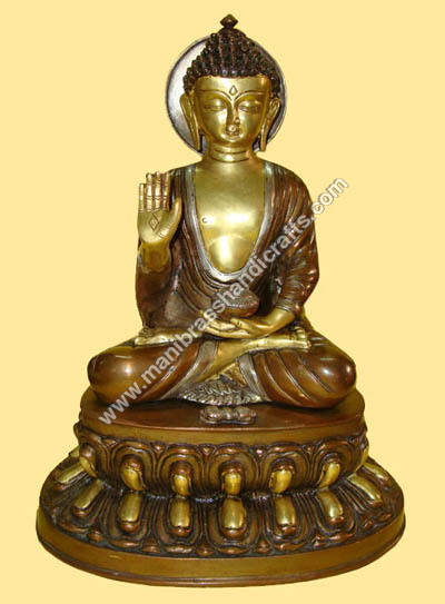 Buddha Handicrafts - 16" Hand-Carved Standing Buddha Figurine | Red Copper, Brass, Bronze - Durable, Polished, Indian Regional Style