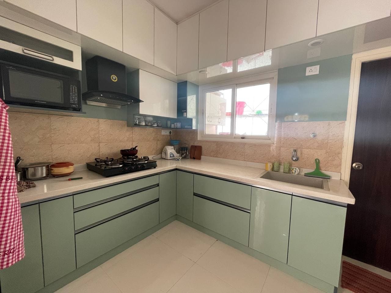 Acrylic Modular Kitchen - Marine Ply & Lacquered Mdf, Green Color, Granite Countertop | Elegant Look, Smart Layout, Space Saving Design, High Gloss & Textured Finishes