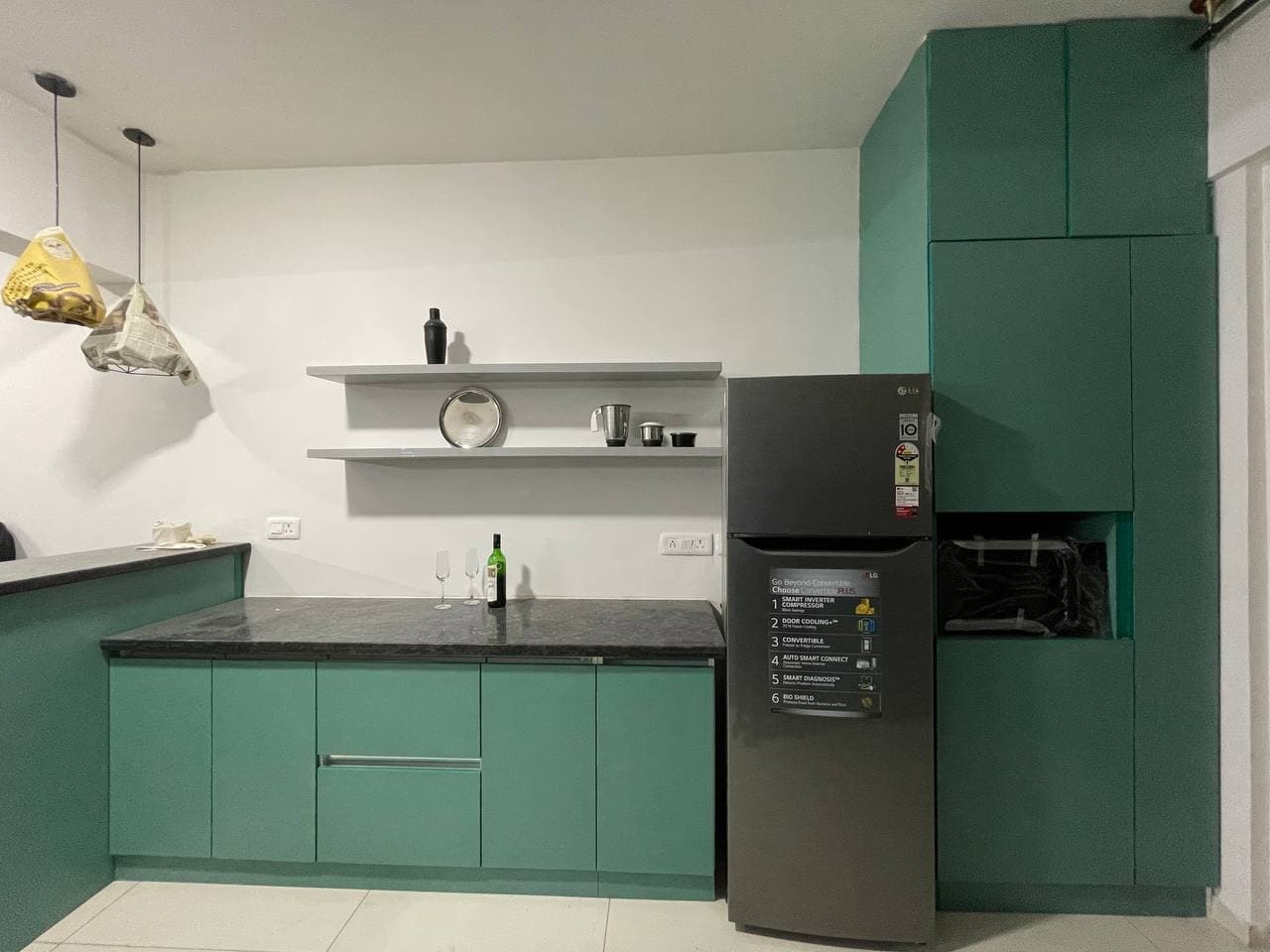 Acrylic Modular Kitchen - Marine Ply & Lacquered Mdf, Green Color, Granite Countertop | Elegant Look, Smart Layout, Space Saving Design, High Gloss & Textured Finishes