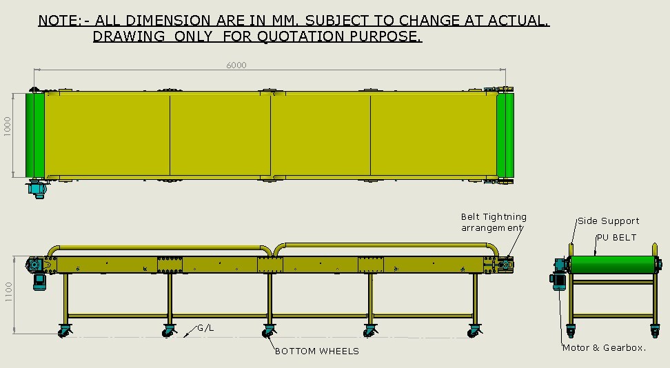 Flat Belt Conveyor. Capacity: 1000 Kg/hr