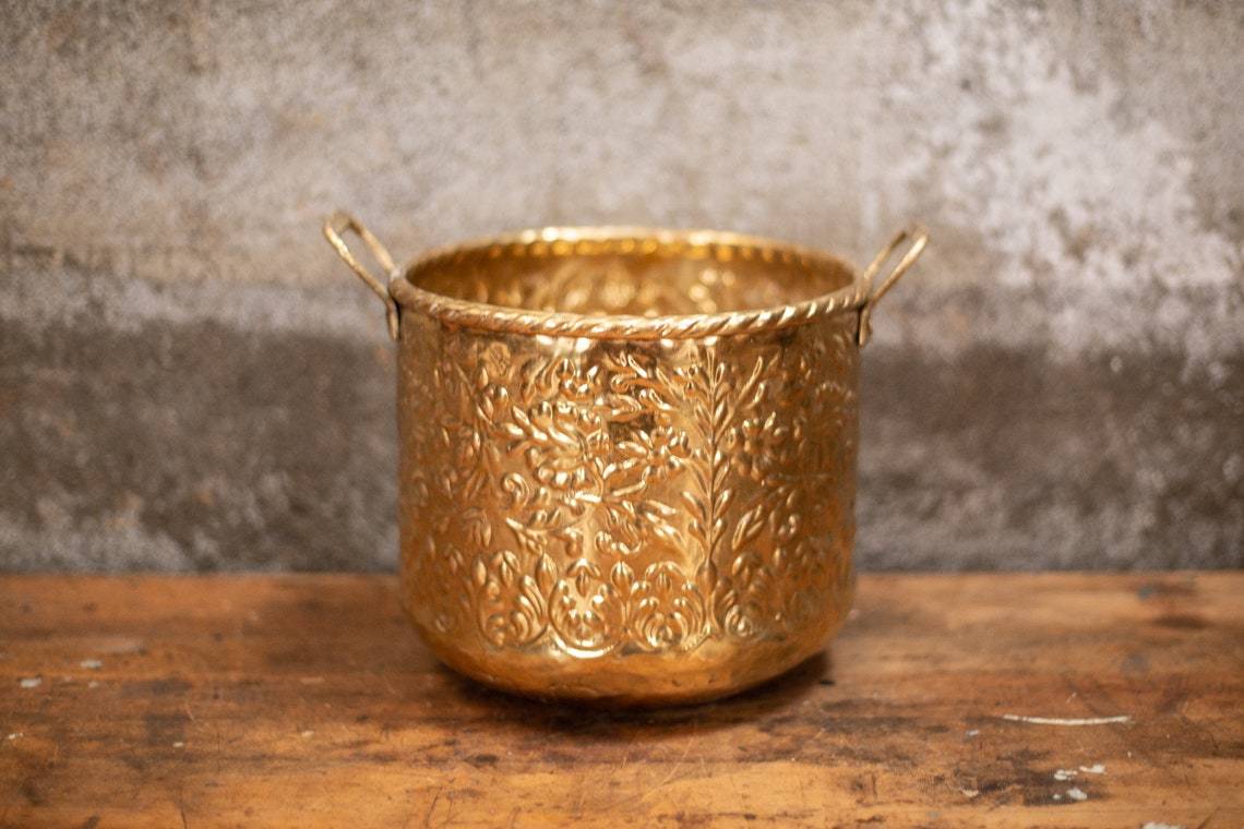 Brass Full Engraved Golden Oval Shaped Planter