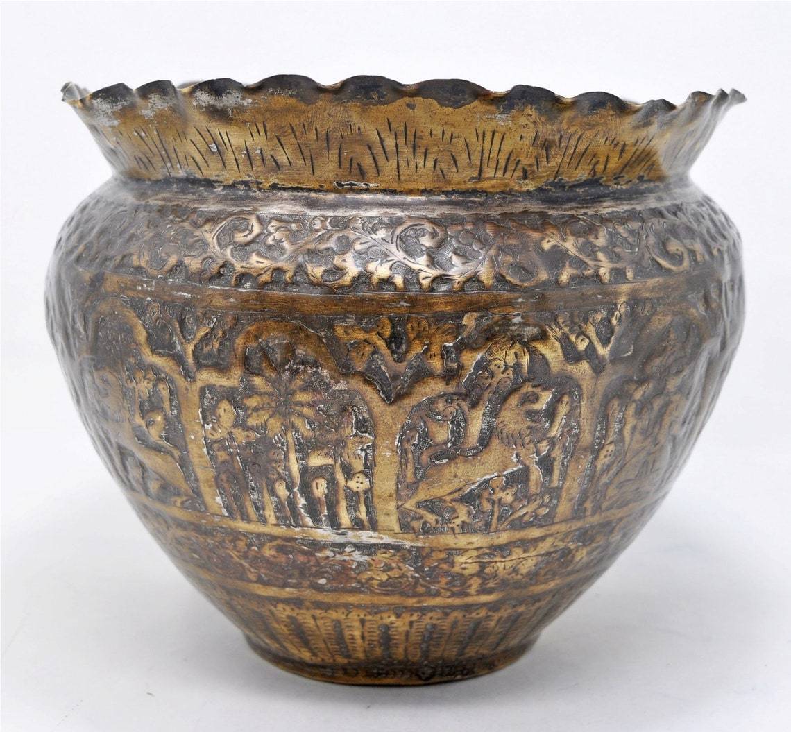 Brass Full Engraved Basket Shaped Planter