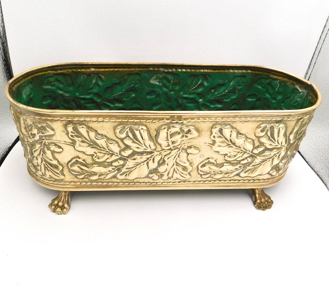 Brass Leaf Engraved Oval Plant Pot