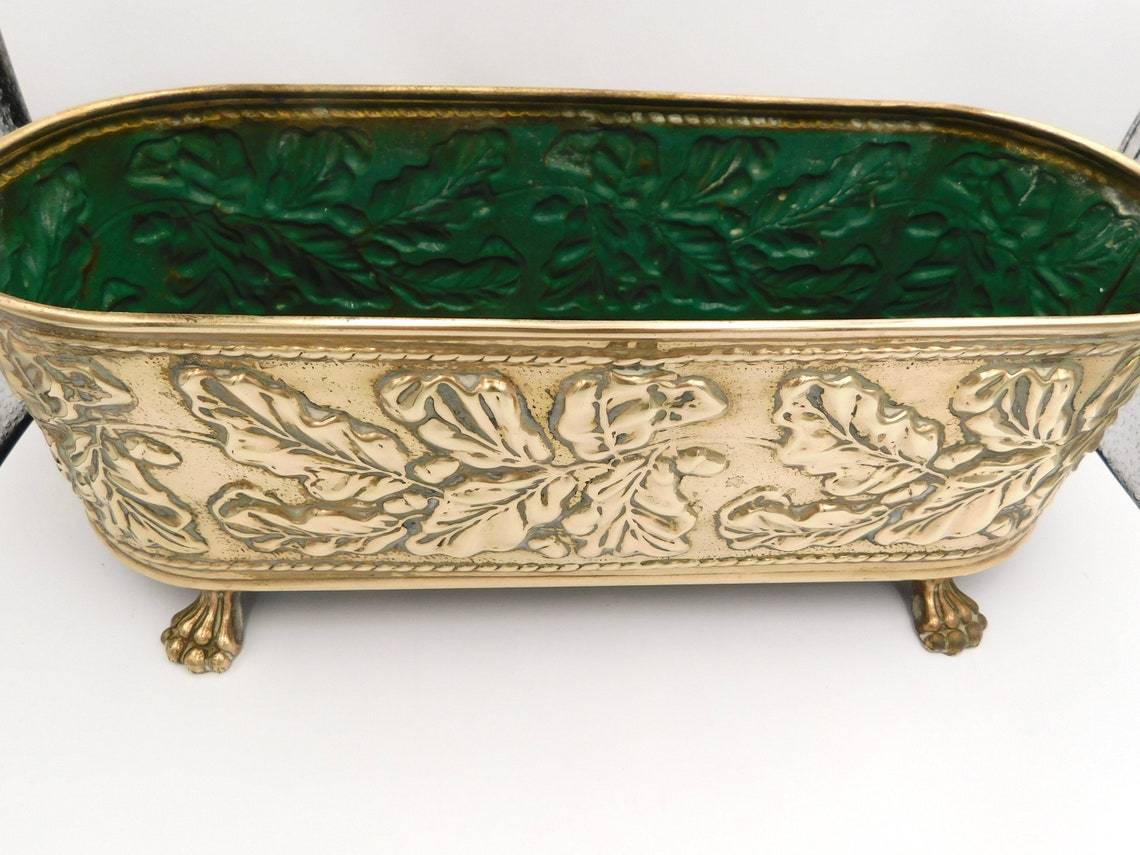 Brass Leaf Engraved Oval Plant Pot