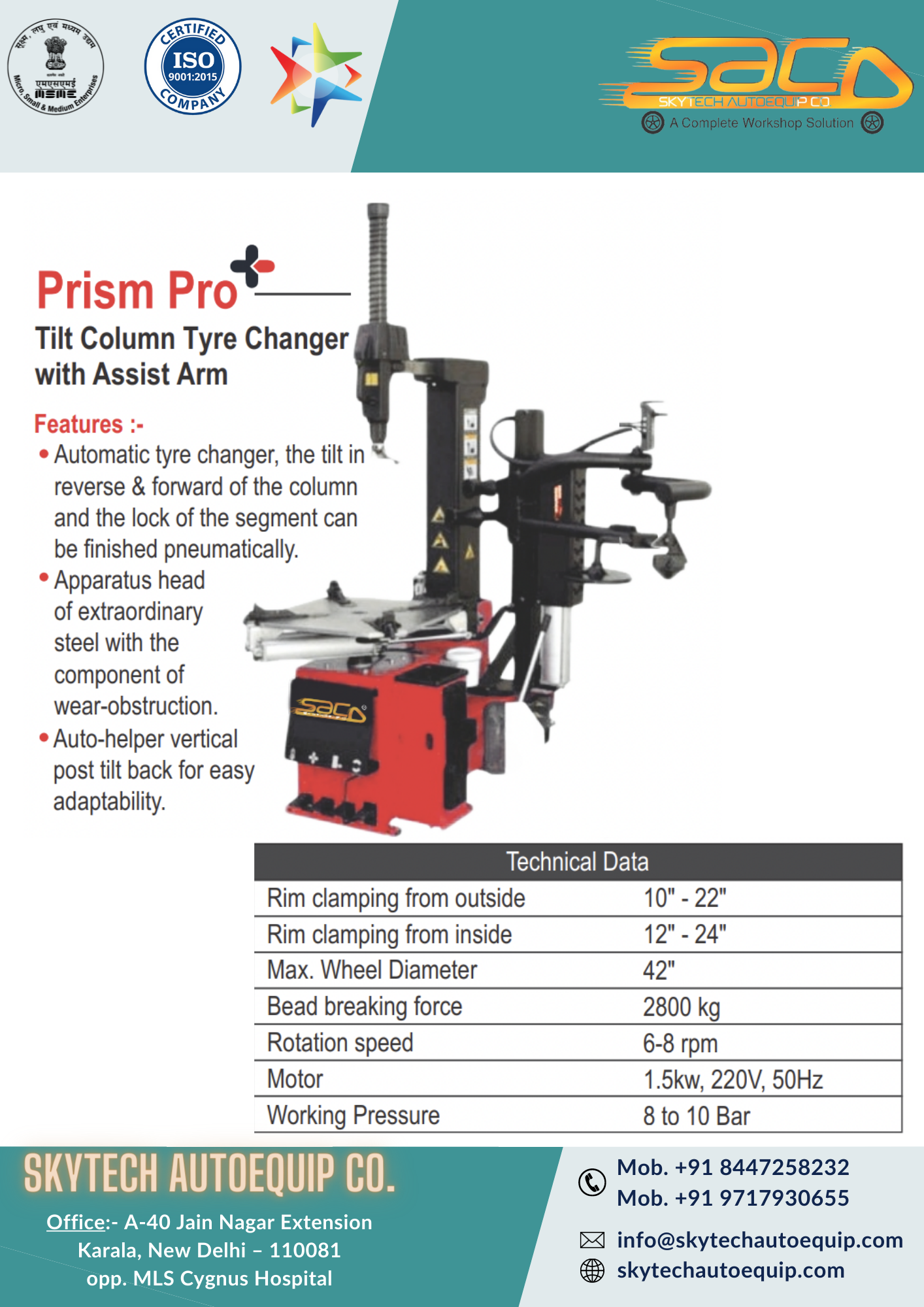 Tilt Column Tyre Changer - 2800 Kg Lifting Capacity, Pneumatic Locking Mechanism, Durable Steel Head, Vertical Post Assist Arm