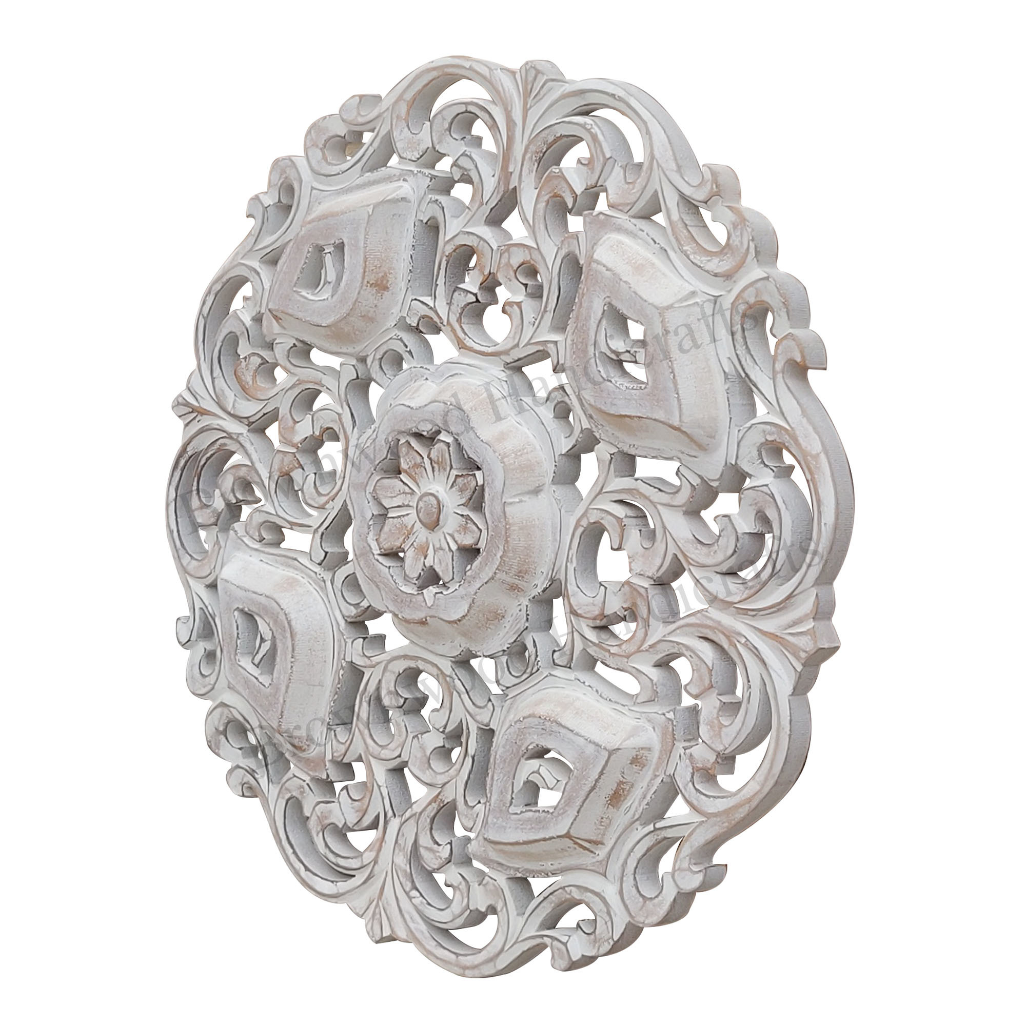 Mdf Carved Wall Panel - 45 X 45 Inch, Burnt White Antique Finish | Hand Carved Design, 15 Mm Thick Mdf Wood Panel, Round Shape