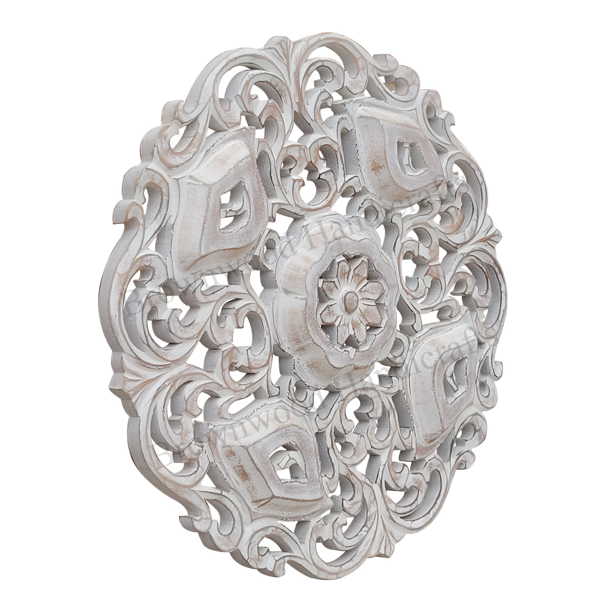 Mdf Carved Wall Panel - 45 X 45 Inch, Burnt White Antique Finish | Hand Carved Design, 15 Mm Thick Mdf Wood Panel, Round Shape