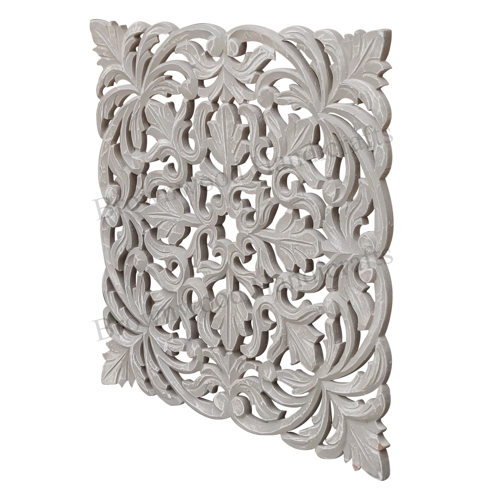 Mdf Carved Wall Panel - 45 X 45 Inch , Dual White Green Antique Finish, Hand Carved Design