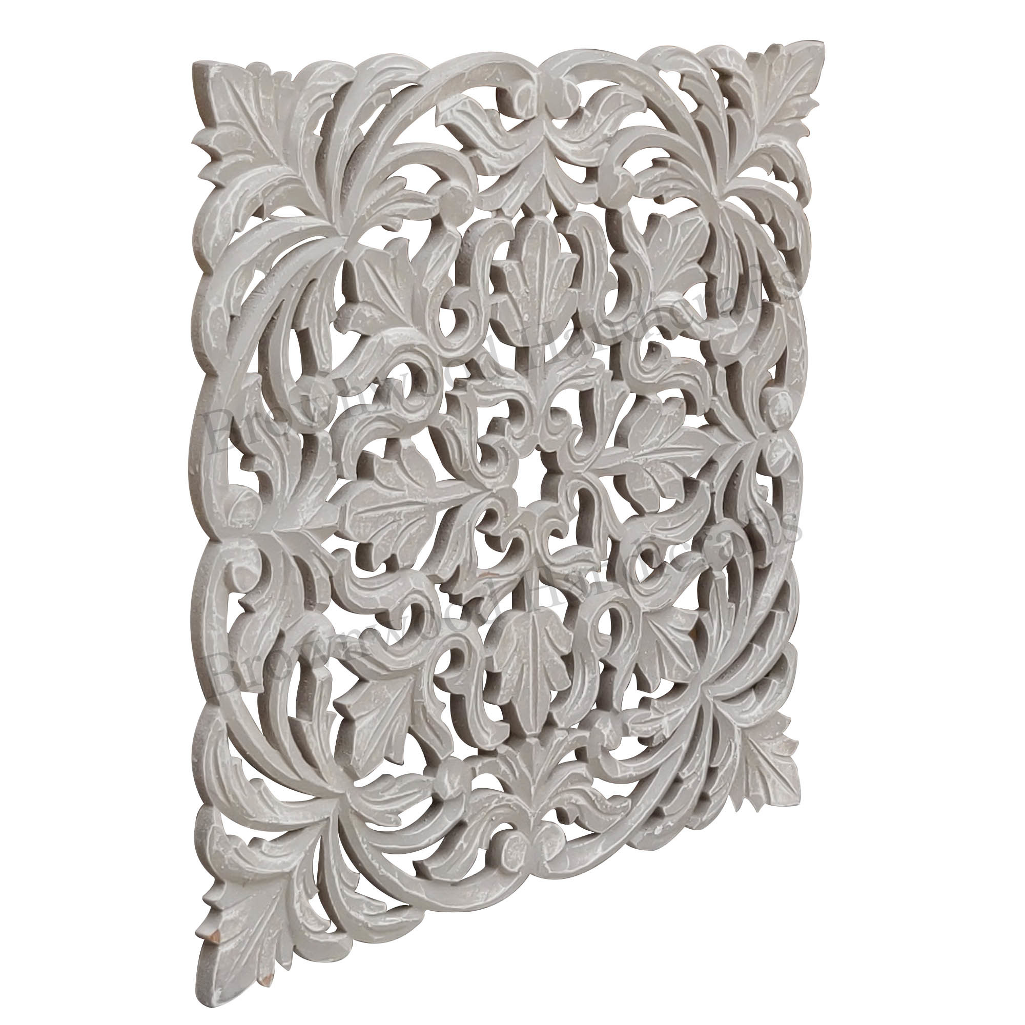 Mdf Carved Wall Panel - 45 X 45 Inch , Dual White Green Antique Finish, Hand Carved Design