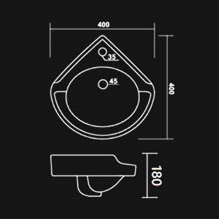 Corner Wash Basin - Ceramic, L 400 X W 400 X H 180mm, White | Lustrous Look, Easy To Clean, Glossy Finish, Durable & Long Lasting