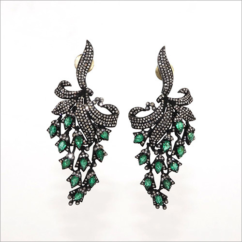 Exclusively Designed vintage replica Victorian Earrings studded with Natural Emerald and natural Diamonds