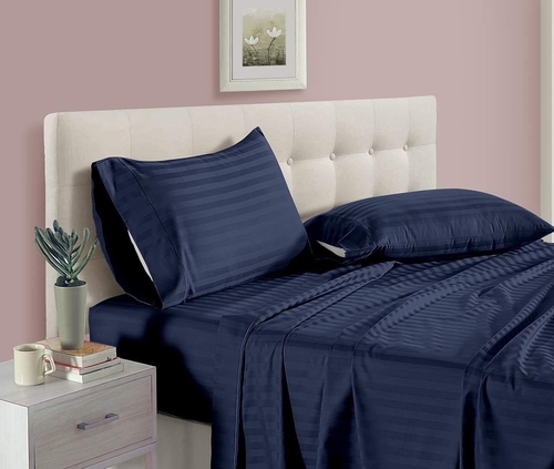 Divine Overseas Cotton Bedsheet - King Size, Navy Striped Design | 100% Washable Cotton, Includes 2 Pillowcases