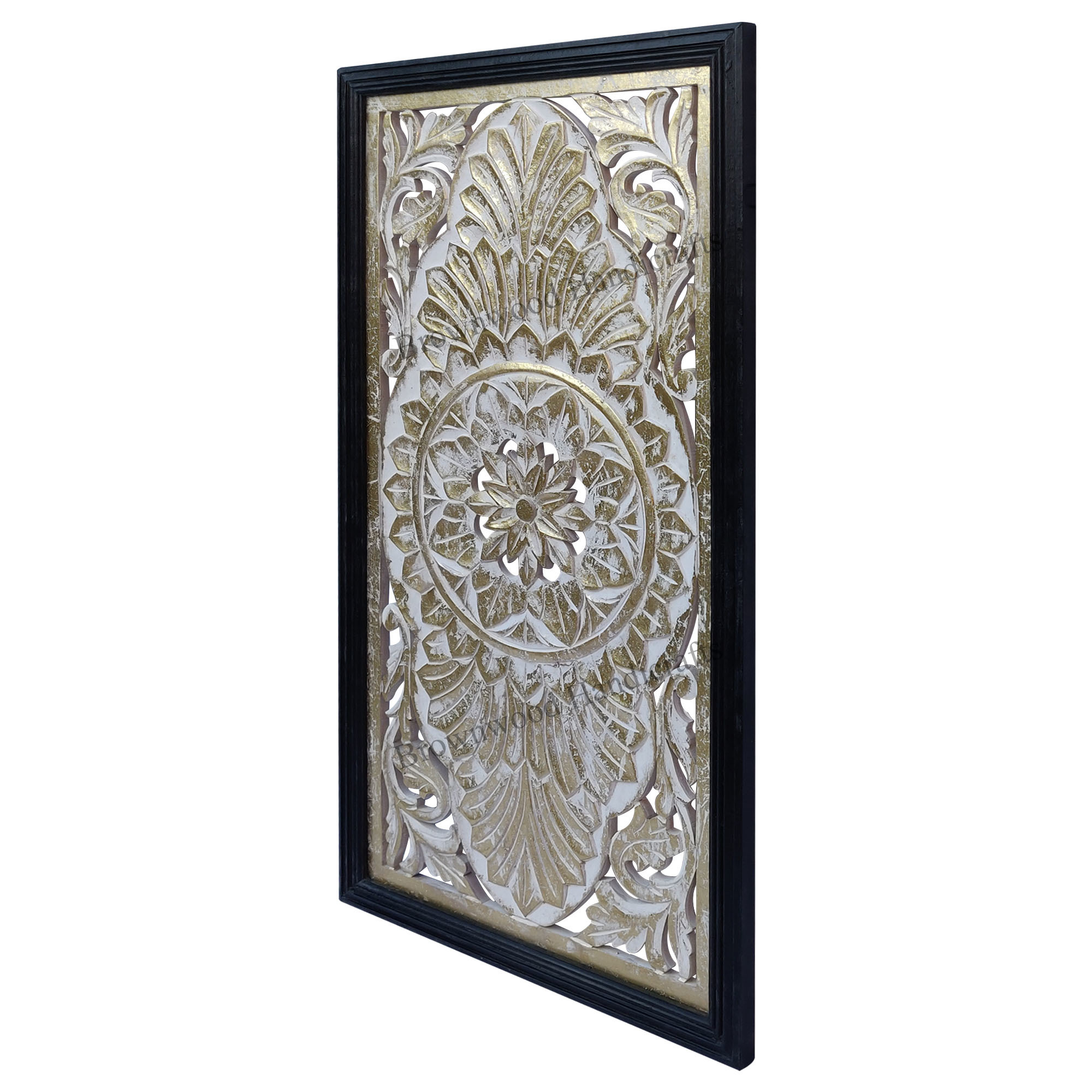 Mdf Carved Wall Panel - 34 X 18 Inches, White Gold Foil Color | Beautiful Square Shaped Hand Carved Design From Mdf Wood