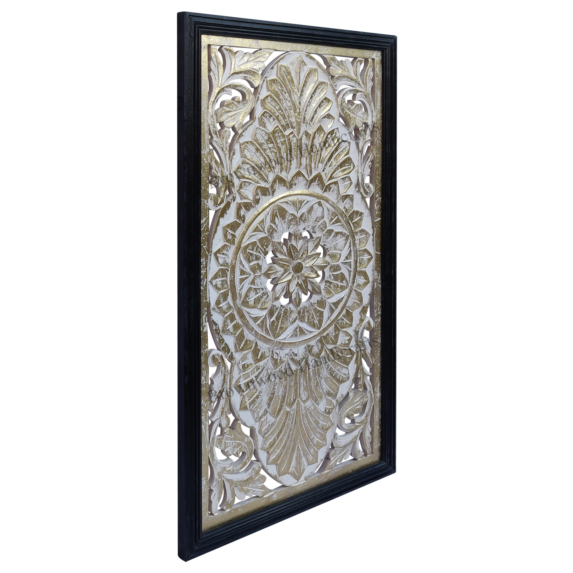 Mdf Carved Wall Panel - 34 X 18 Inches, White Gold Foil Color | Beautiful Square Shaped Hand Carved Design From Mdf Wood