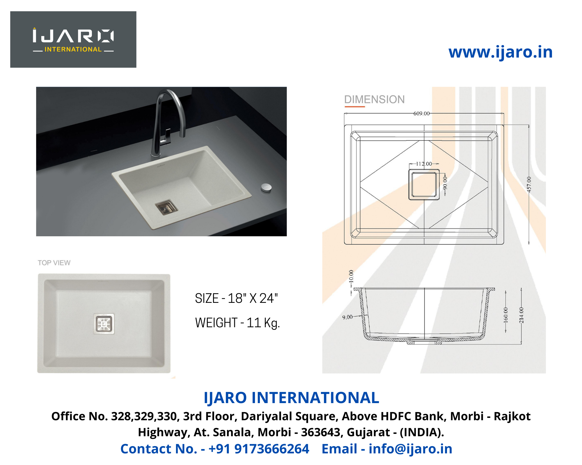 Quartz Sink - 18" X 32" Dimensions, Grey Matte Finish | Heat Resistant, Noise Reducing, Scratch And Stain Proof, 10-year Warranty