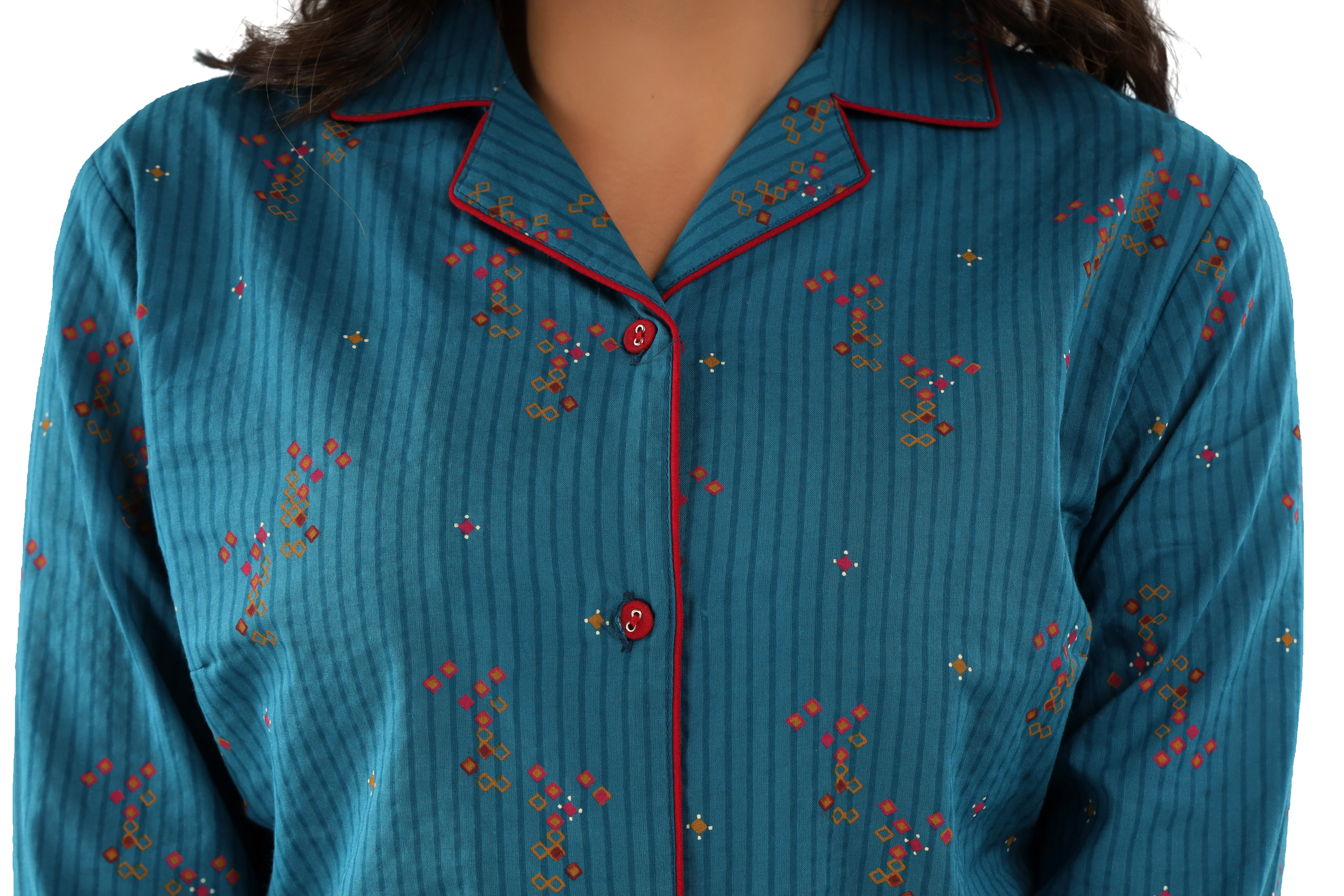 Cotton Night Suit - Cotton, Size S(36"), M(38"), L(40"), Xl(42"), Xxl(44") | Teal Color, Full Sleeves, Printed Pattern, Ideal For Year-round Comfort