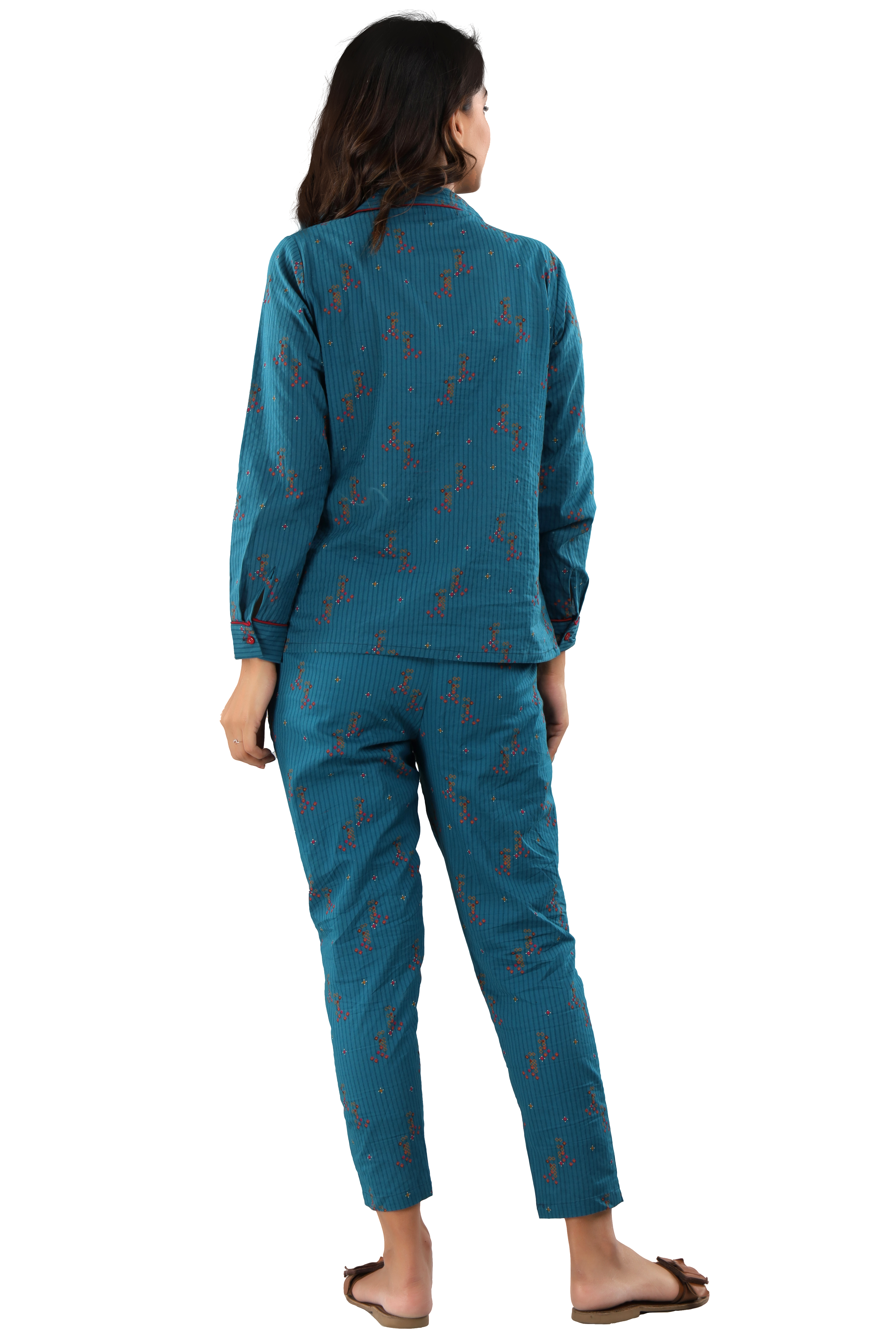 Cotton Night Suit - Cotton, Size S(36"), M(38"), L(40"), Xl(42"), Xxl(44") | Teal Color, Full Sleeves, Printed Pattern, Ideal For Year-round Comfort