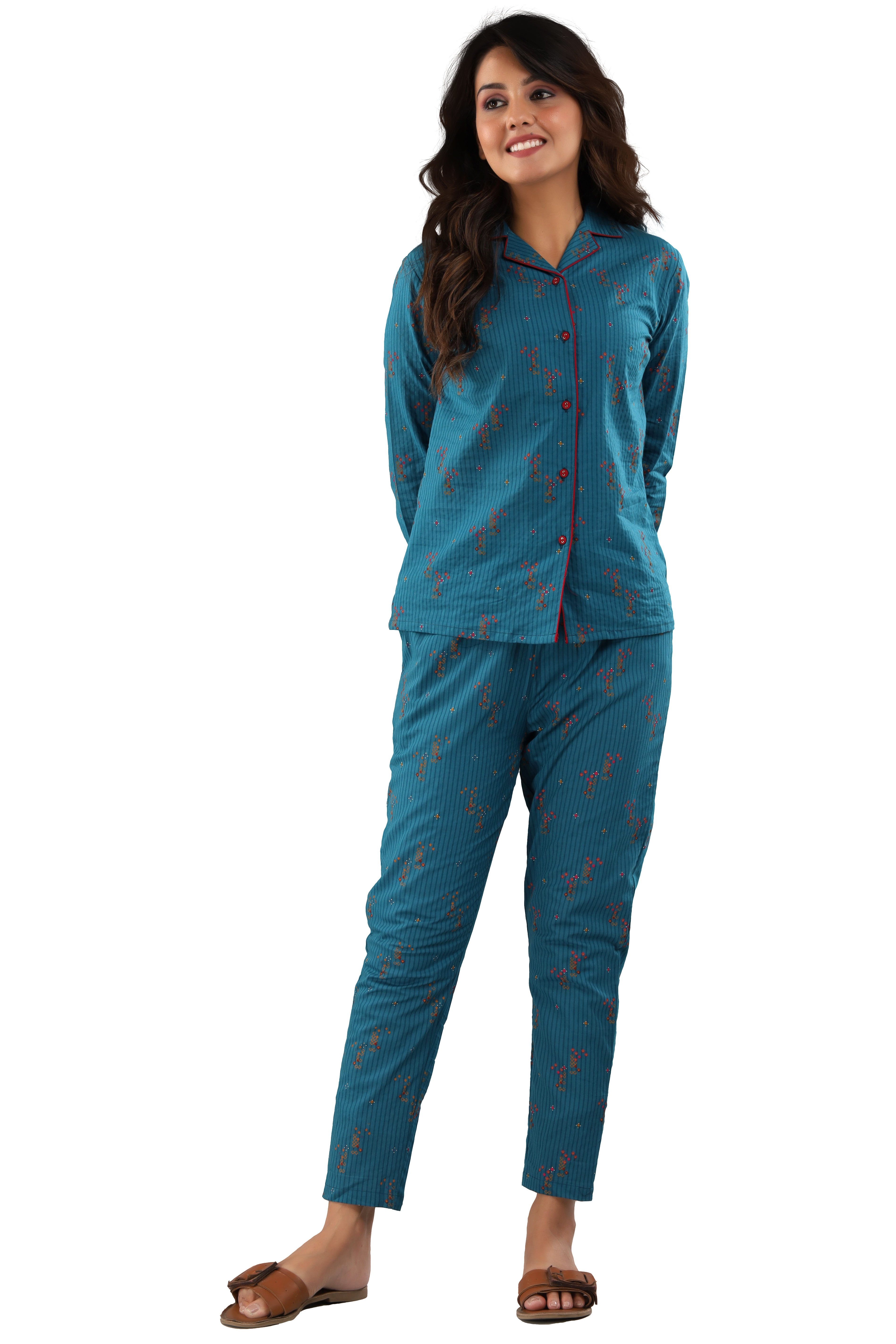 Cotton Night Suit - Cotton, Size S(36"), M(38"), L(40"), Xl(42"), Xxl(44") | Teal Color, Full Sleeves, Printed Pattern, Ideal For Year-round Comfort