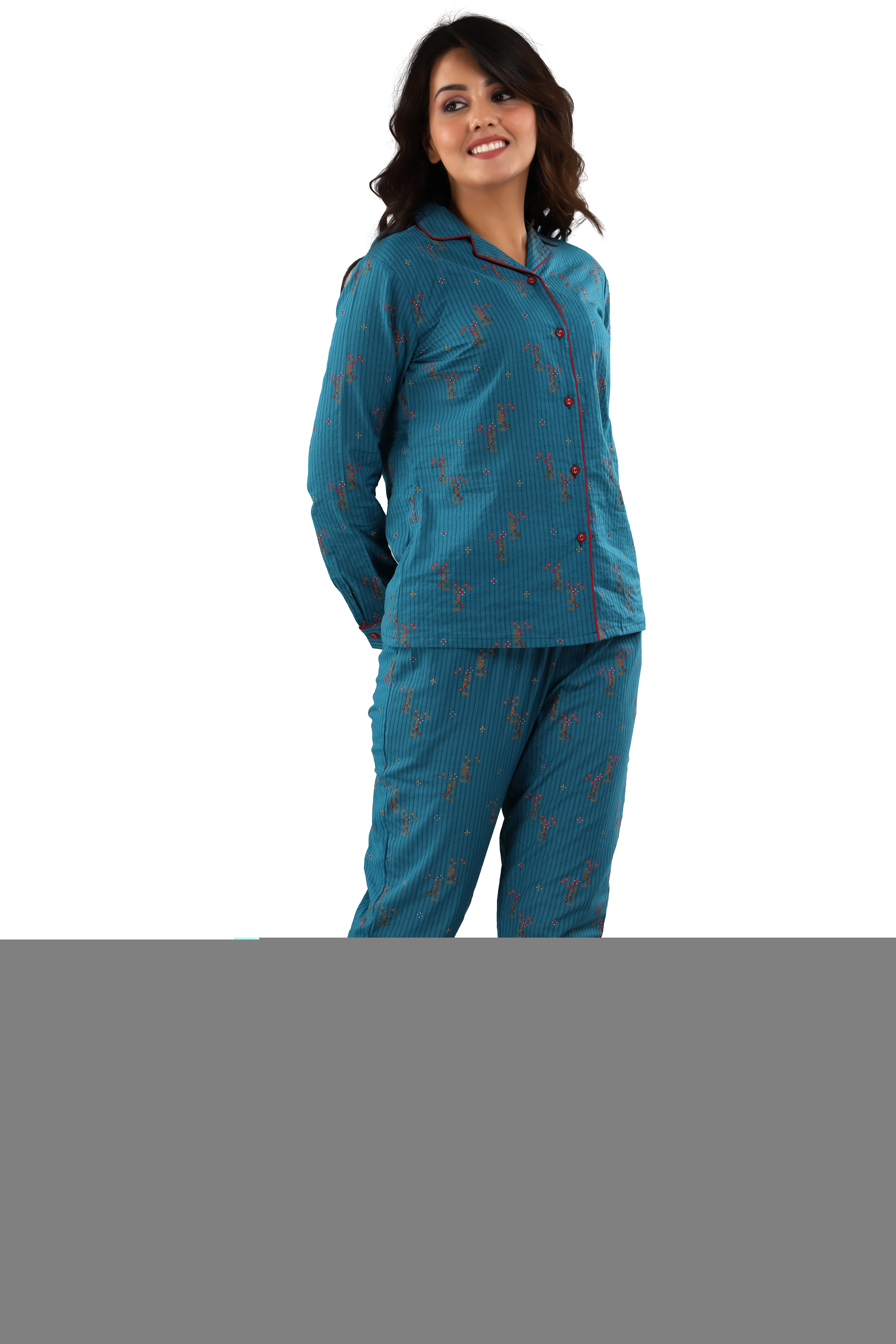 Cotton Night Suit - Cotton, Size S(36"), M(38"), L(40"), Xl(42"), Xxl(44") | Teal Color, Full Sleeves, Printed Pattern, Ideal For Year-round Comfort
