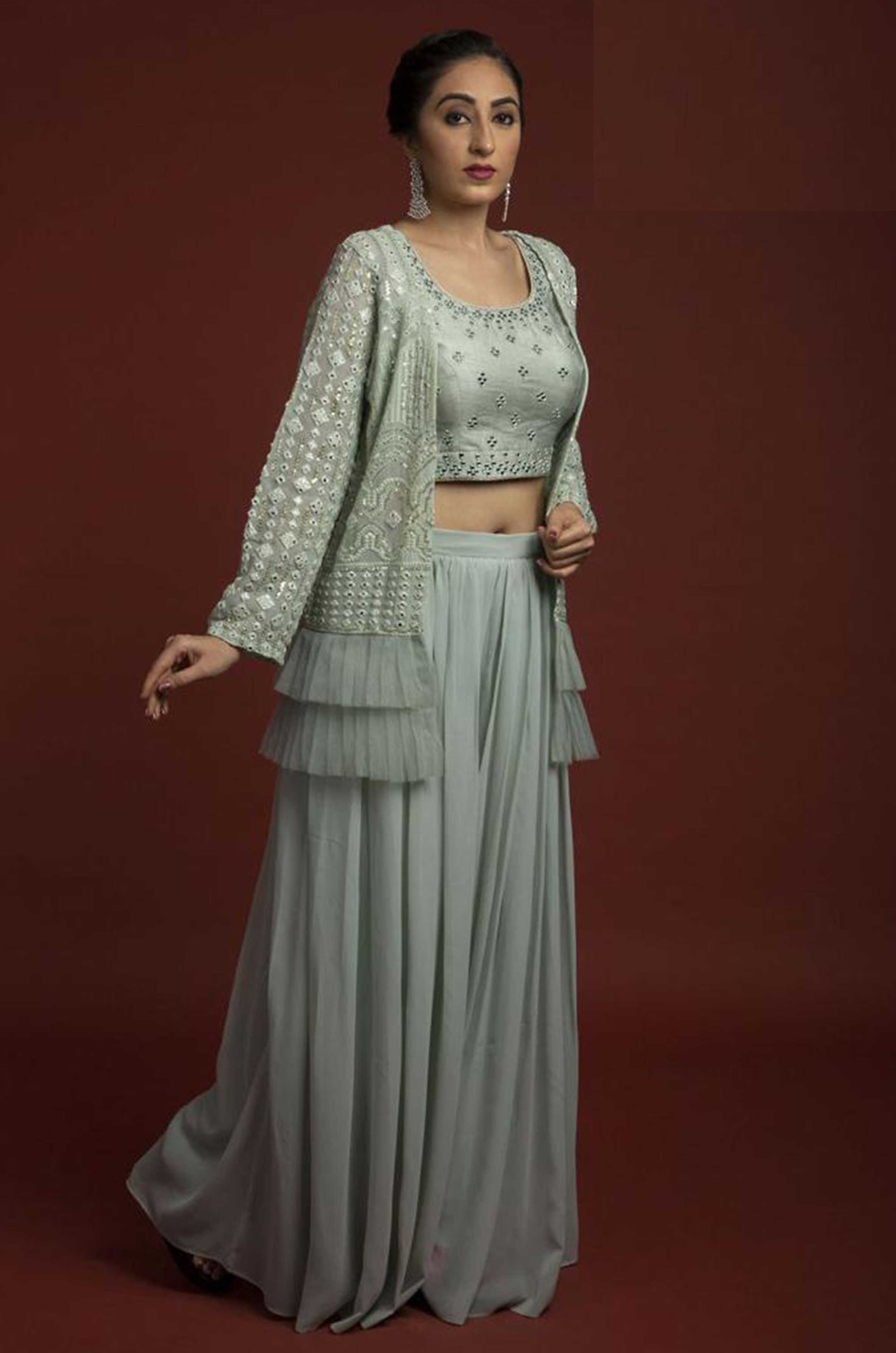 Salwar Kameez - Faux Georgette With Embroidery & Mirror Work | Trendy Plus Size, Full Sleeves, Dry Clean Only, For Sangeet & Festive Occasions