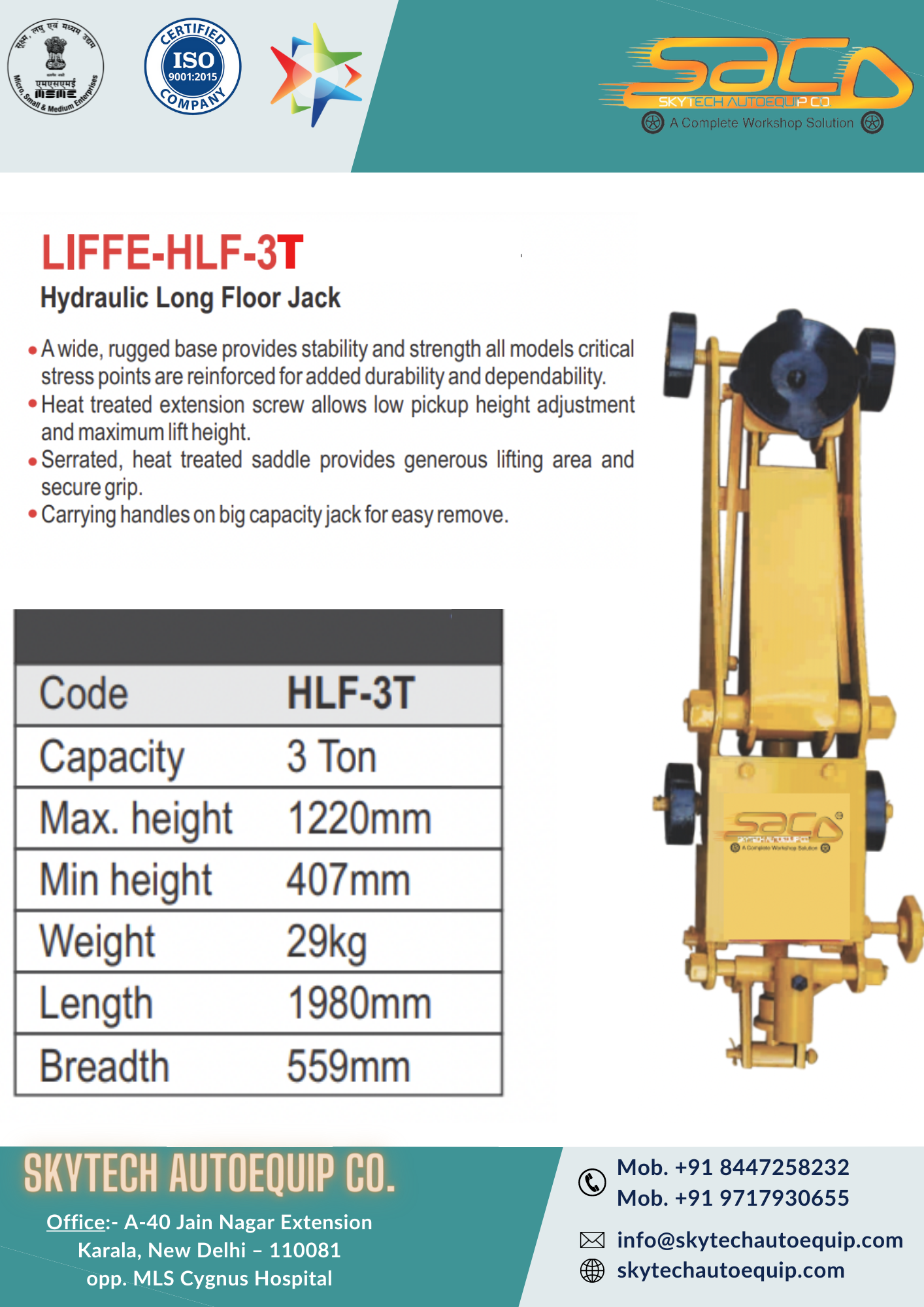 Hydraulic Long Floor Jack - 220v, 1220mm Lifting Height, 3 Ton Capacity | Rugged Base, Heat-treated Extension Screw, Serrated Saddle