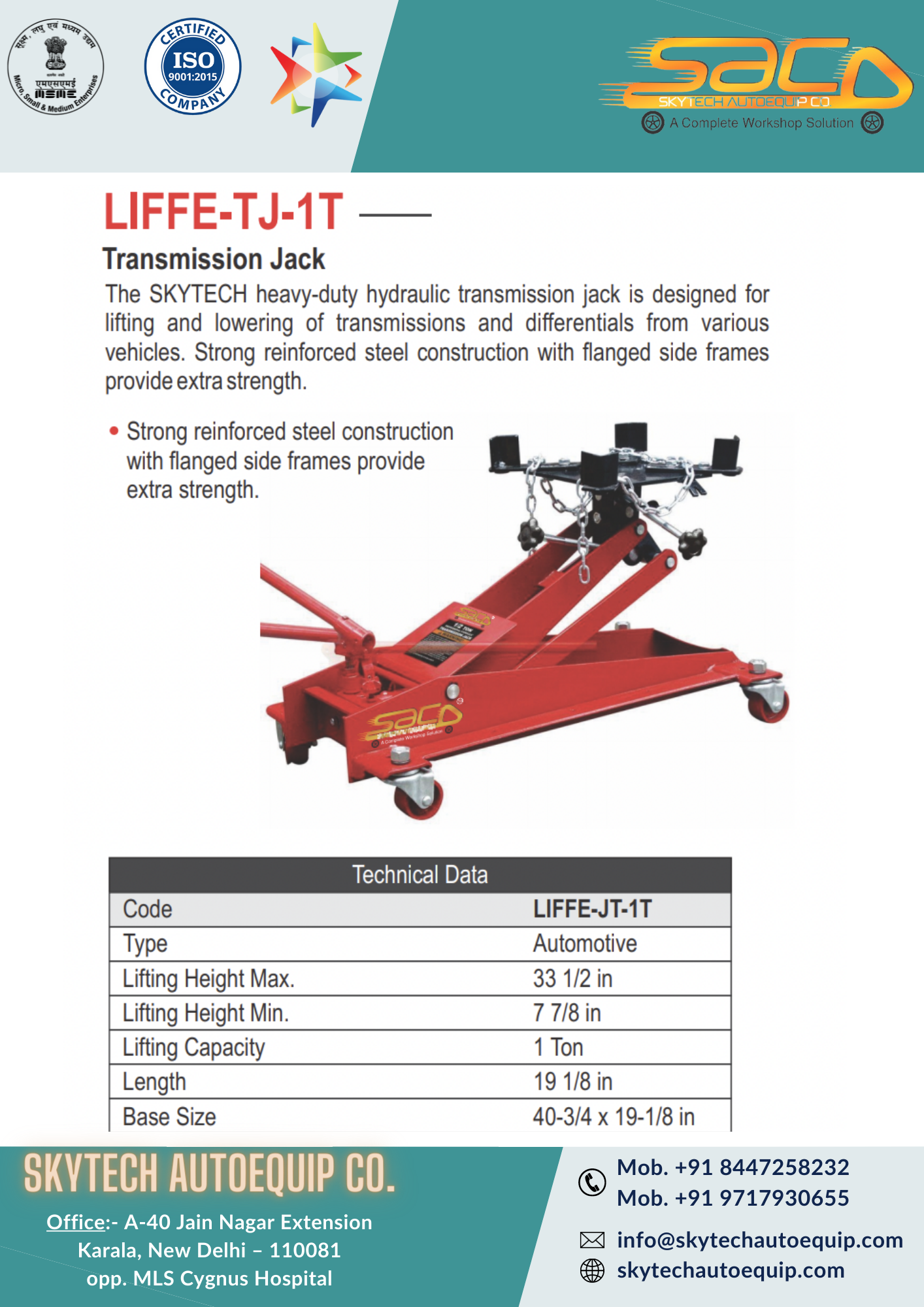 Skytech Hydraulic Transmission Jack - Heavy-duty Steel, 33 1/2 Inch Lift Height | Scissor Lift Design, 1 Ton Capacity, Flanged Side Frames