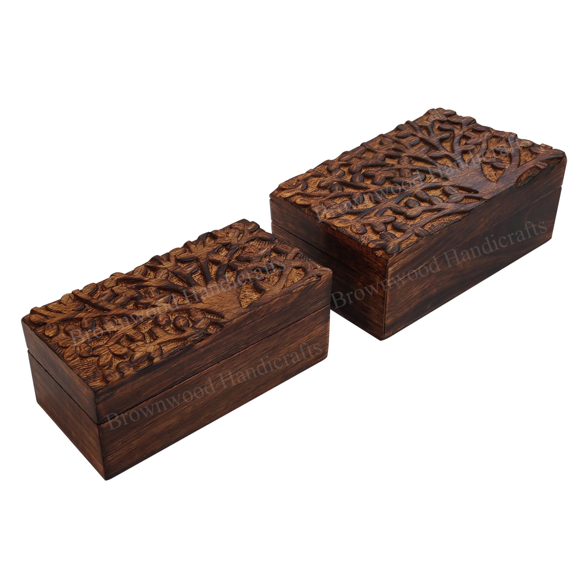 Mango Wood Carved Box Set Of 2 Size: 6 X 4 X 2.5 Inch 6 X 3 X 2.5 Inche